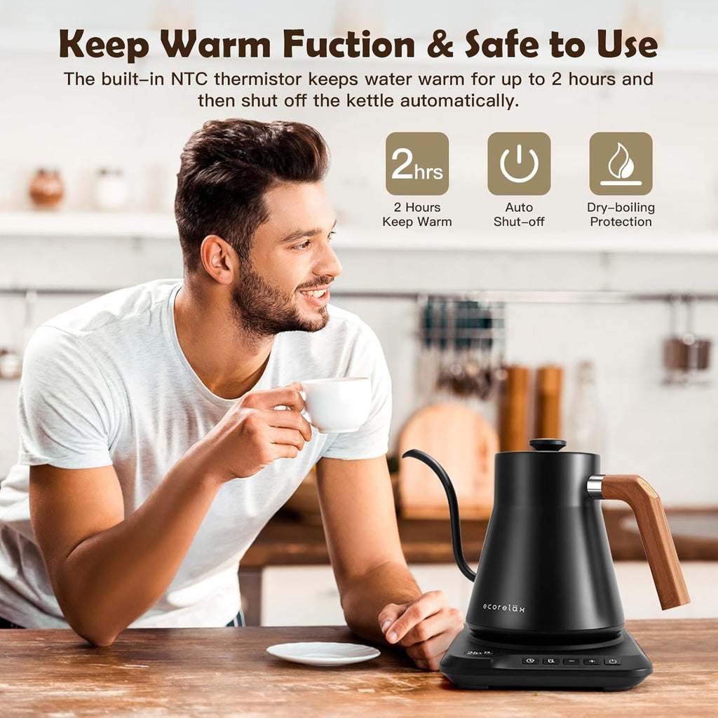Gooseneck Electric Kettle, ±1℉ Temperature Control Pour over Kettle for Coffee, Tea & Water, Stainless Steel 1200 W Keep Warm OLED Display 1 L (Black)