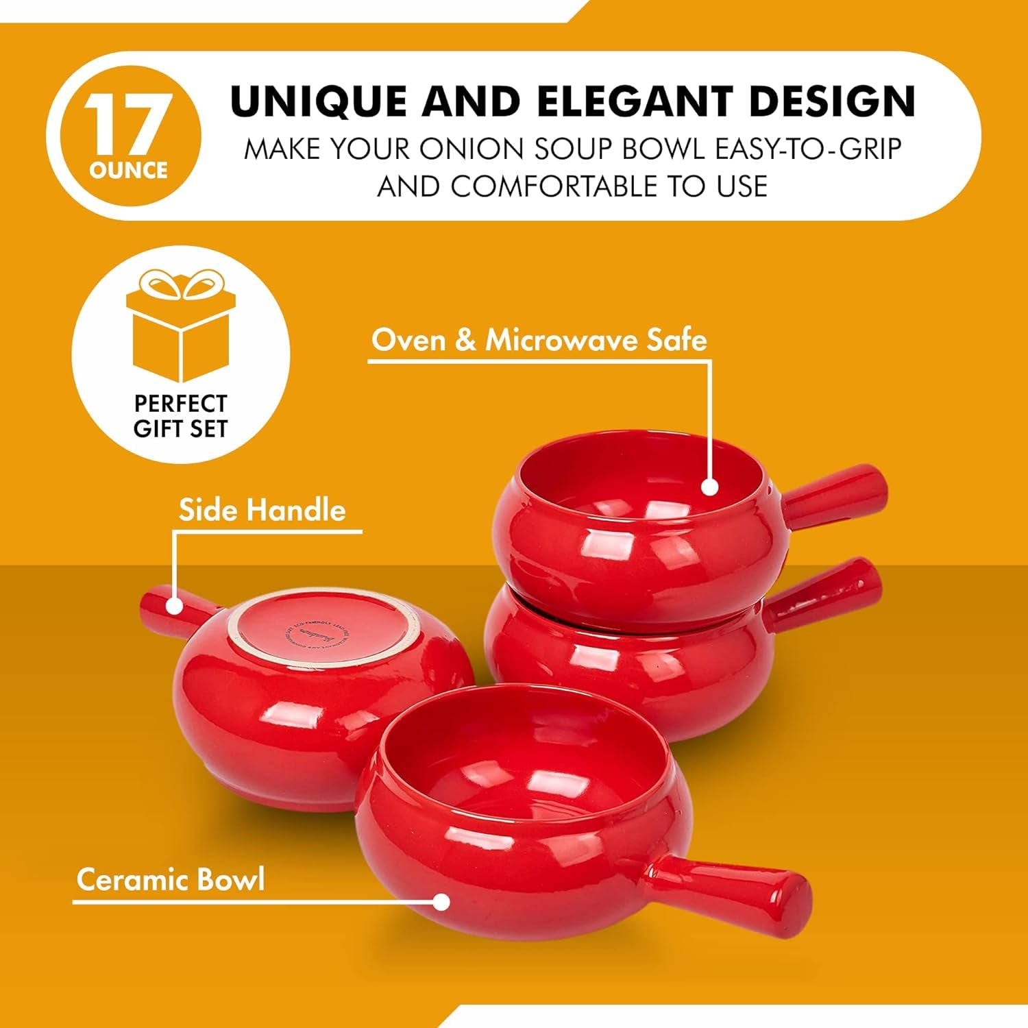 17 Oz round Soup Bowl with Handle Set of 4, 17 Ounce Small French Onion Soup Crocks in Red Color for Kitchen or Dinner Table Decoration