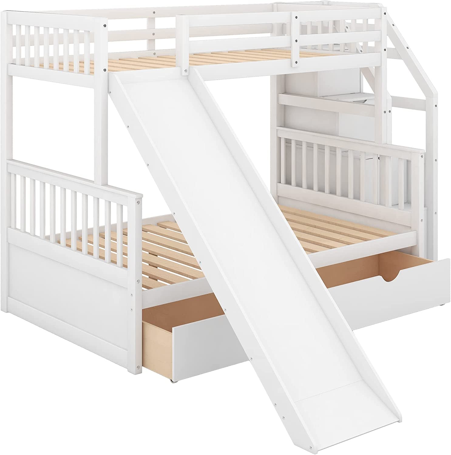 Full over Twin & Twin Bunk Bed with Drawer & Ladder, Triple Bunkbeds Wooden for Kids, Teens, Adults, Gray, White