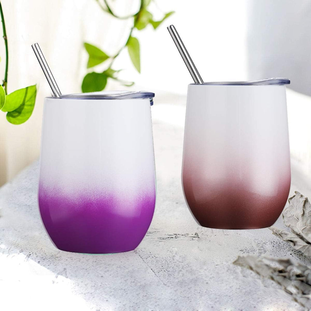 6 Pack 12 Oz Stainless Steel Stemless Wine Glass Tumbler Double Wall Vacuum Insulated Bulk Wine Tumbler with Lids Set of 6,Gift Pack for Coffee, Wine, Cocktails, Ice Cream (6_Mix_Color3)