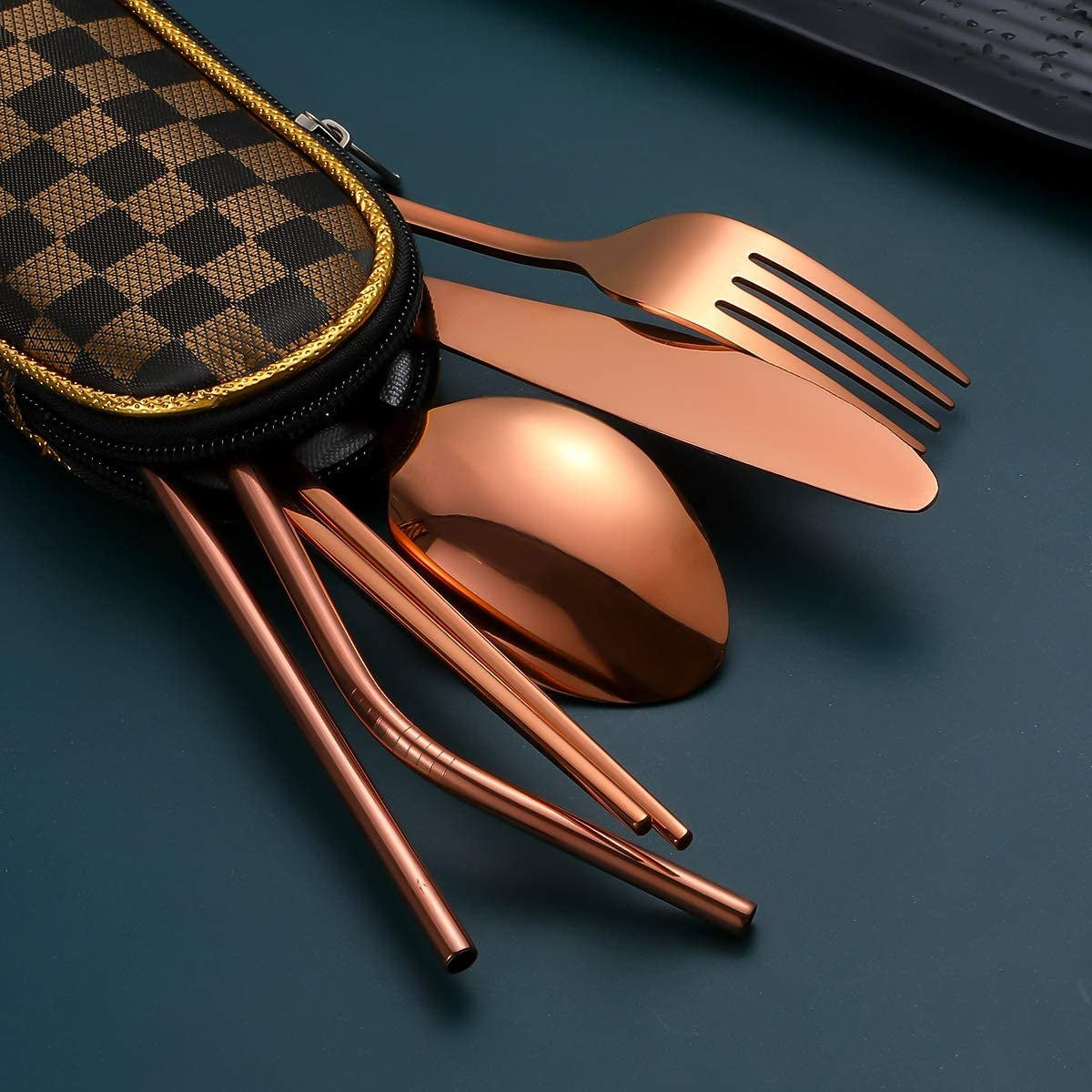 Travel Utensils,Reusable Silverware Set to Go Portable Cutlery Set with a Waterproof Carrying Case for Lunch Boxes Workplace Camping School Picnic (Browngridcase/Rosegold)
