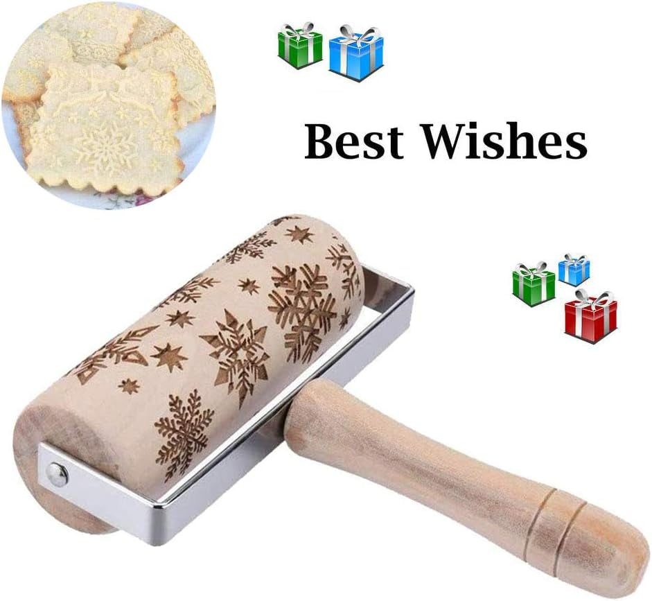 Christmas Wooden Hand-Held Rolling Pins for Baking, Non-Stick Professional Dough Roller for Cookies Waffles Pastry Dough Pies (Snowflake+Elk)