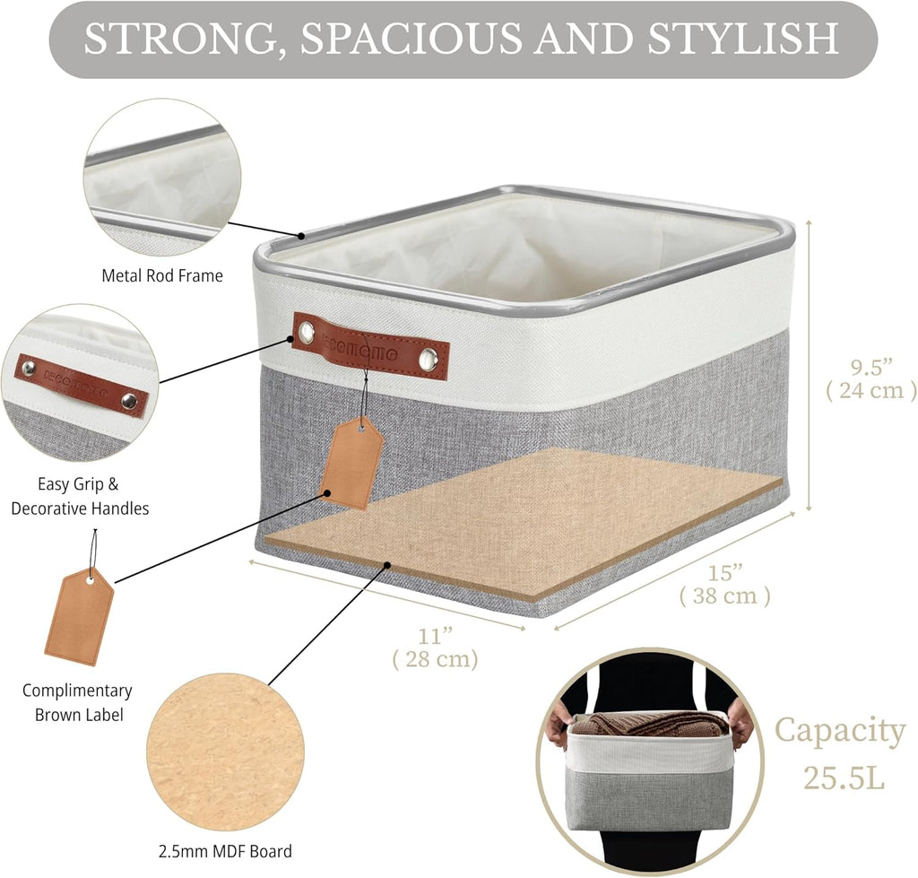 Storage Baskets for Shelves - Fabric Storage Bins, Linen Closet Organizers and Storage (Grey & White, Large - 4 Pack)