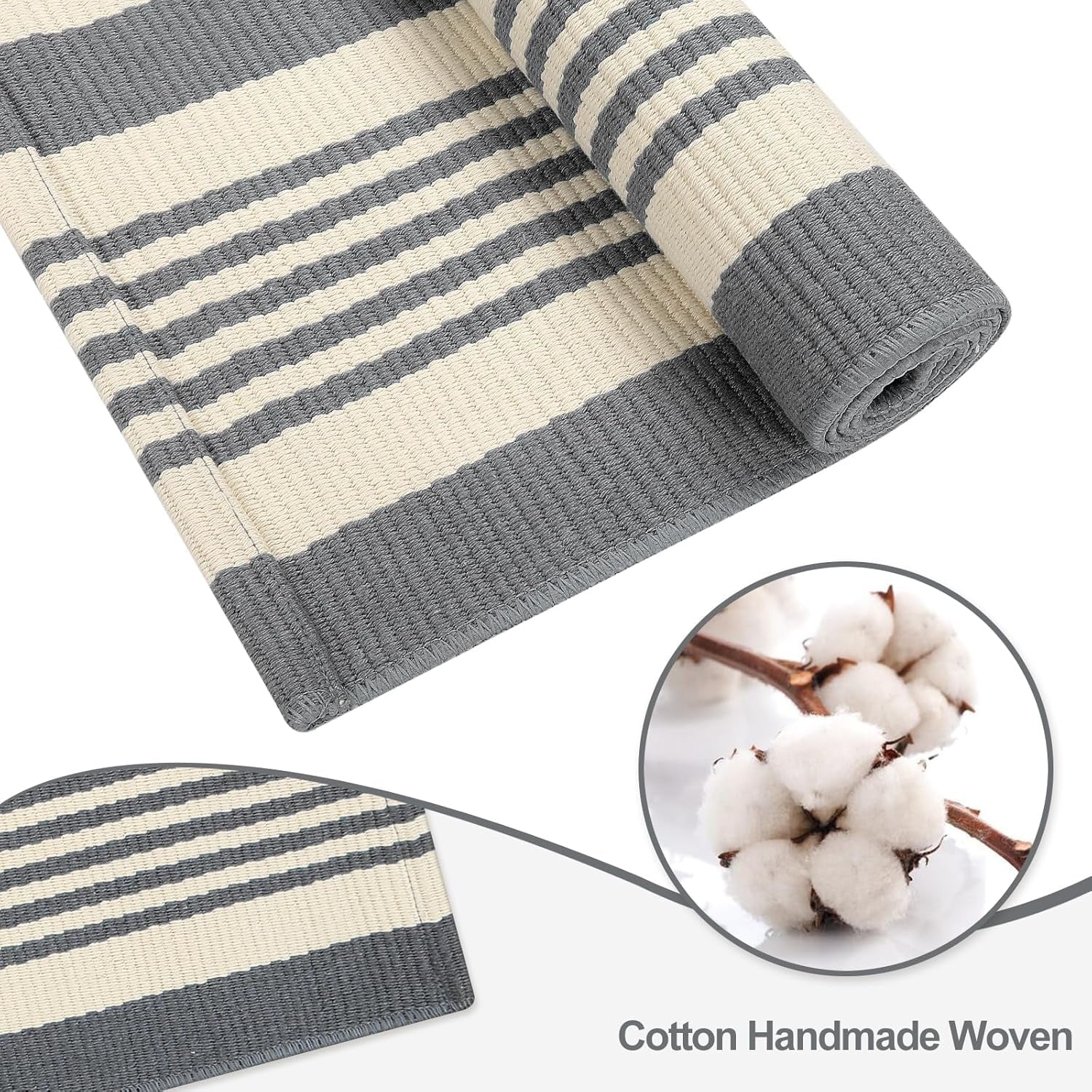 Gray and White Striped Striped Rug 4'X6', Hand-Woven Cotton Outdoor Patio Rug Washable Rug Front Porch Door Mat Entryway Indoor Area Carpet for Kitchen/Bedroom/Living Room