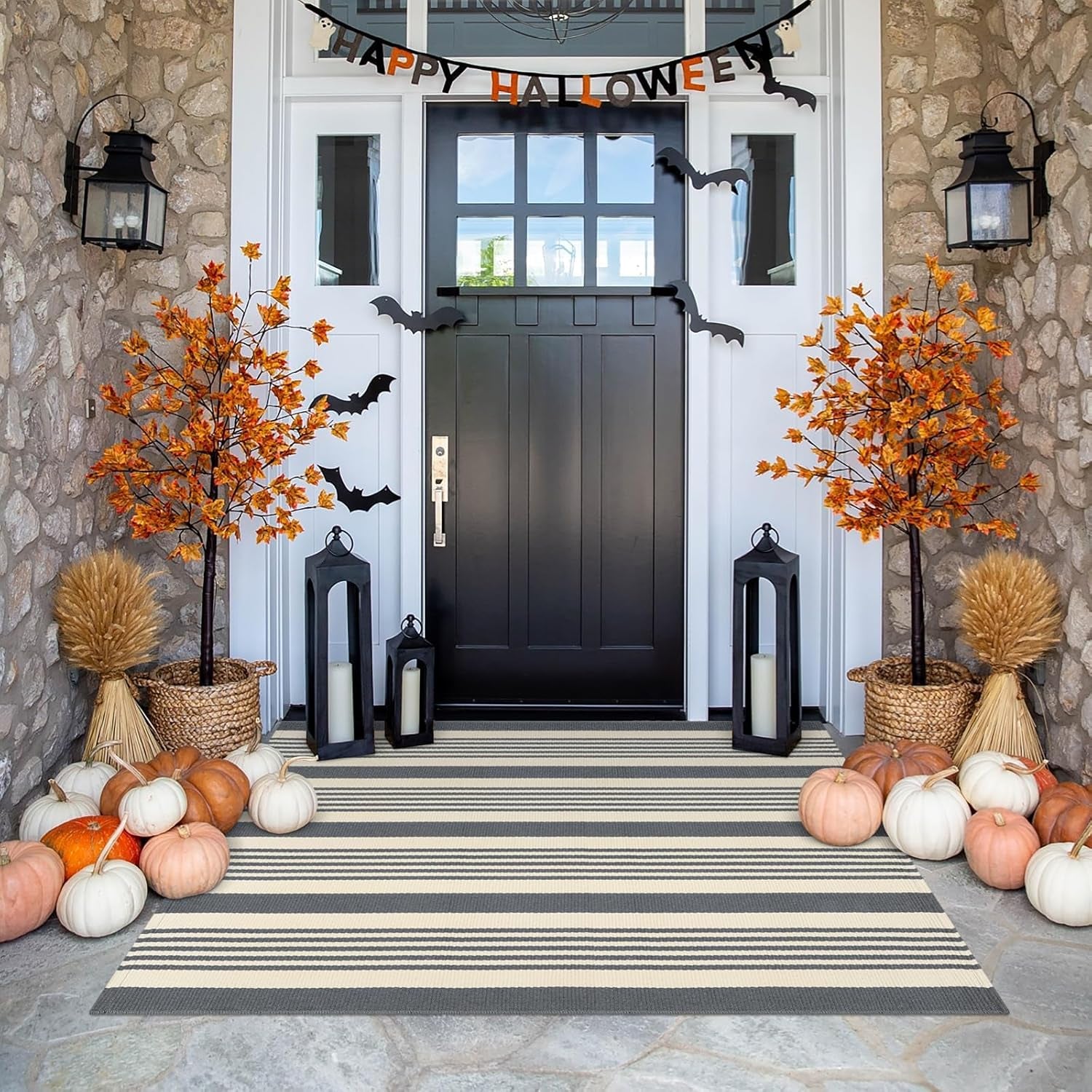 Gray and White Striped Striped Rug 4'X6', Hand-Woven Cotton Outdoor Patio Rug Washable Rug Front Porch Door Mat Entryway Indoor Area Carpet for Kitchen/Bedroom/Living Room