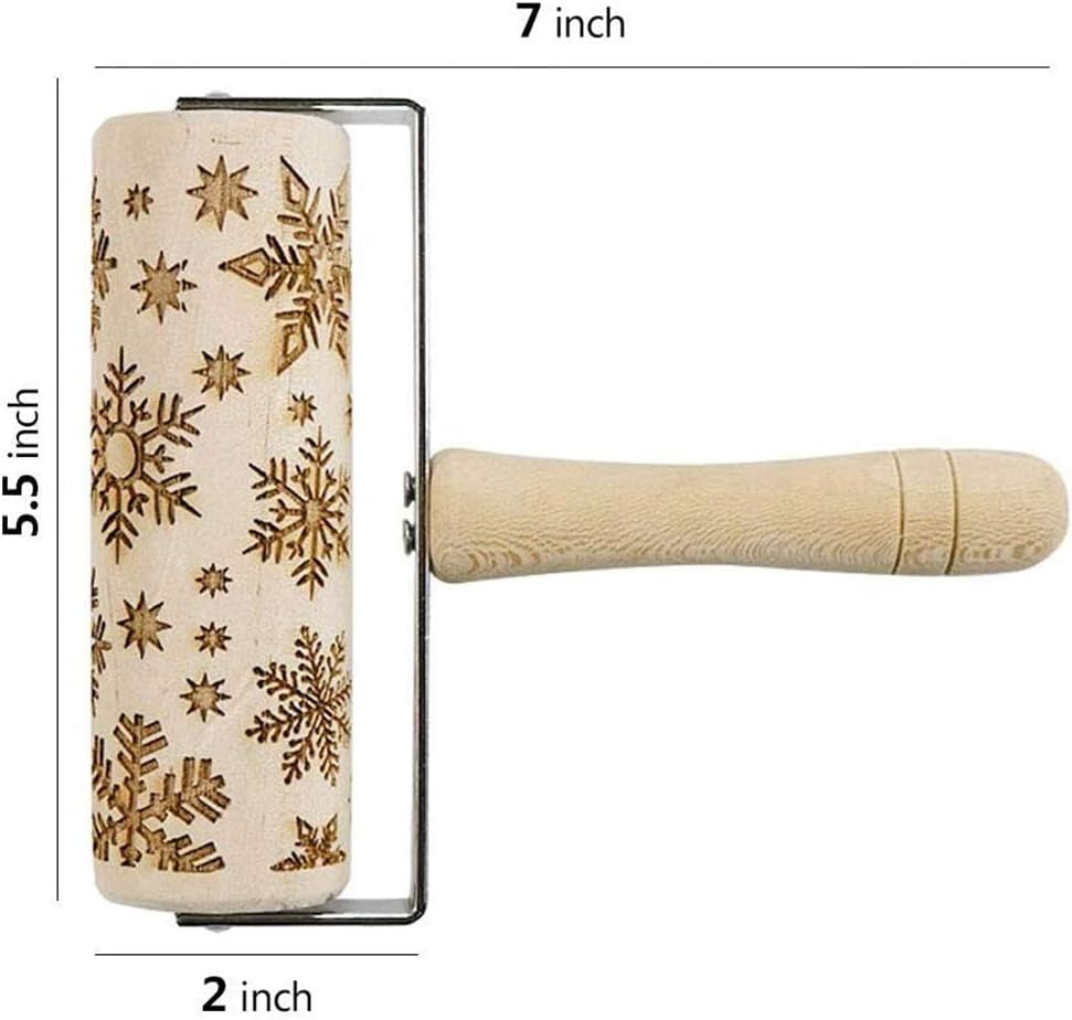 Christmas Wooden Hand-Held Rolling Pins for Baking, Non-Stick Professional Dough Roller for Cookies Waffles Pastry Dough Pies (Snowflake+Elk)