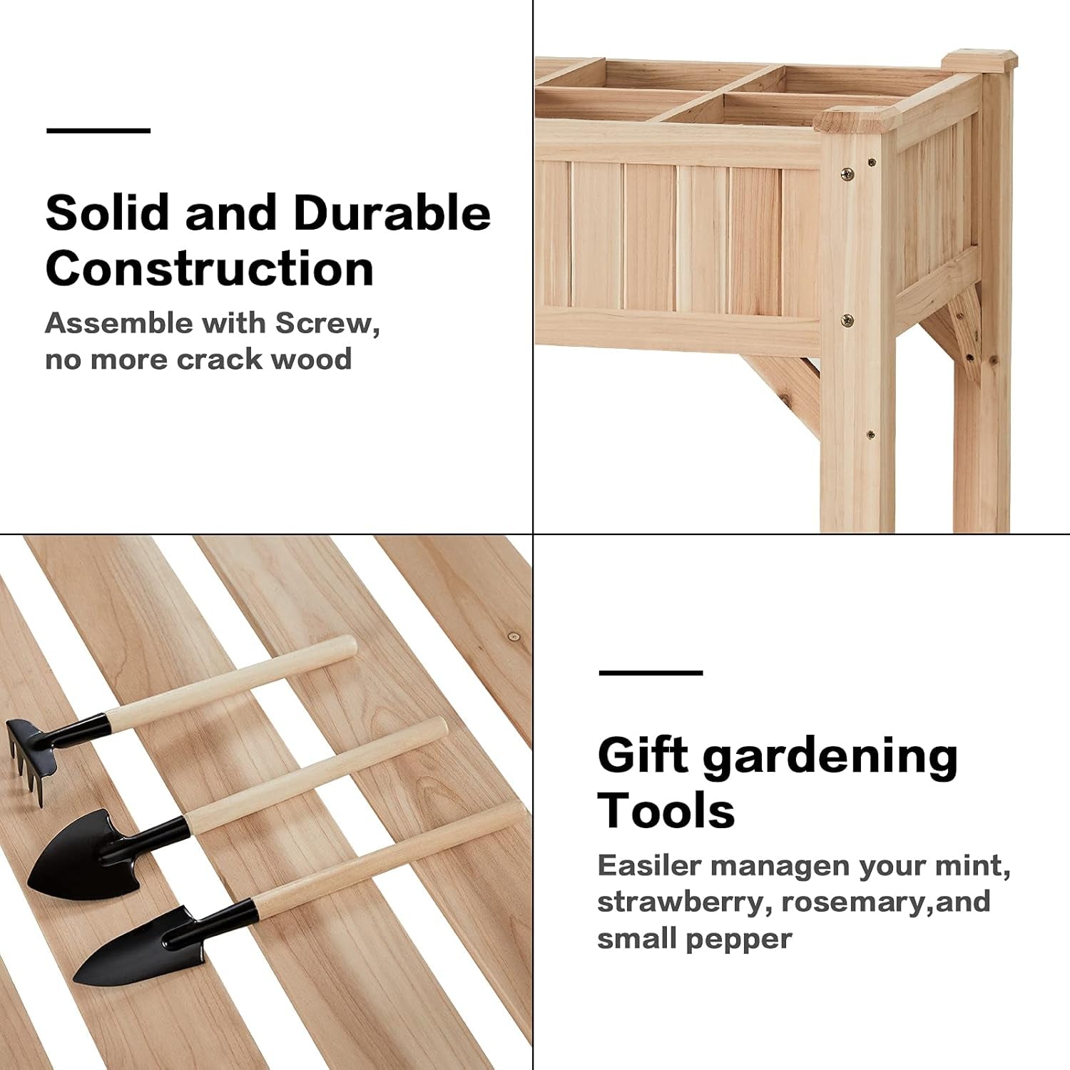 Raised Garden Bed with Legs 36.3X36.3X24 Inch -  Herb Planter with Divider Liner Flower Herb Wood Planter with Storage Shelves for Backyard Patio Extra Gloves 3 Tools 8 Grow Area 20 T-Tag