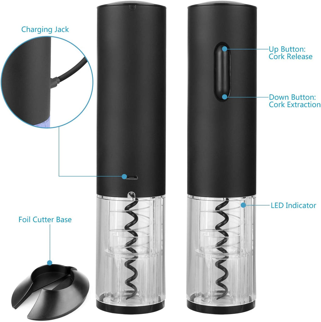 Electric Wine Opener, Automatic Electric Wine Bottle Corkscrew Opener, Rechargeable Stainless Steel Cordless Electric Wine Bottle Opener Gift Set with Foil Cutter, USB Charging Cable