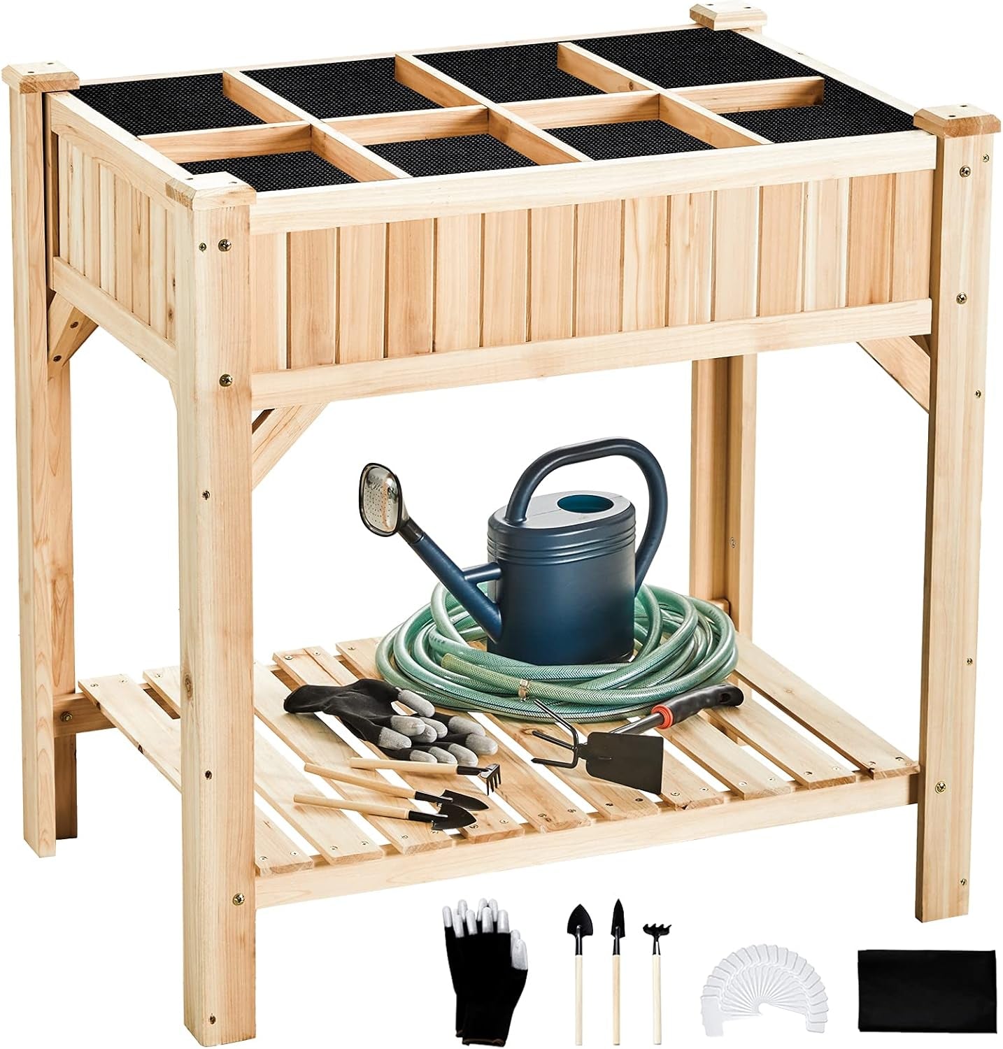 Raised Garden Bed with Legs 36.3X36.3X24 Inch -  Herb Planter with Divider Liner Flower Herb Wood Planter with Storage Shelves for Backyard Patio Extra Gloves 3 Tools 8 Grow Area 20 T-Tag