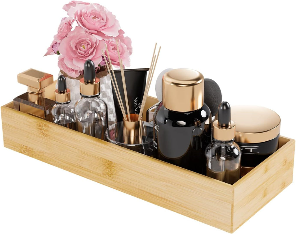 Bathroom Vanity Tray Organizer Bamboo, Small Wood Tray for Counter Kicthen Drawer, Rectangular Toilet Paper Storage Basket Box, Guest Sink Tray Decor, Bathroom Accessories 15" X 6" X 2.5"