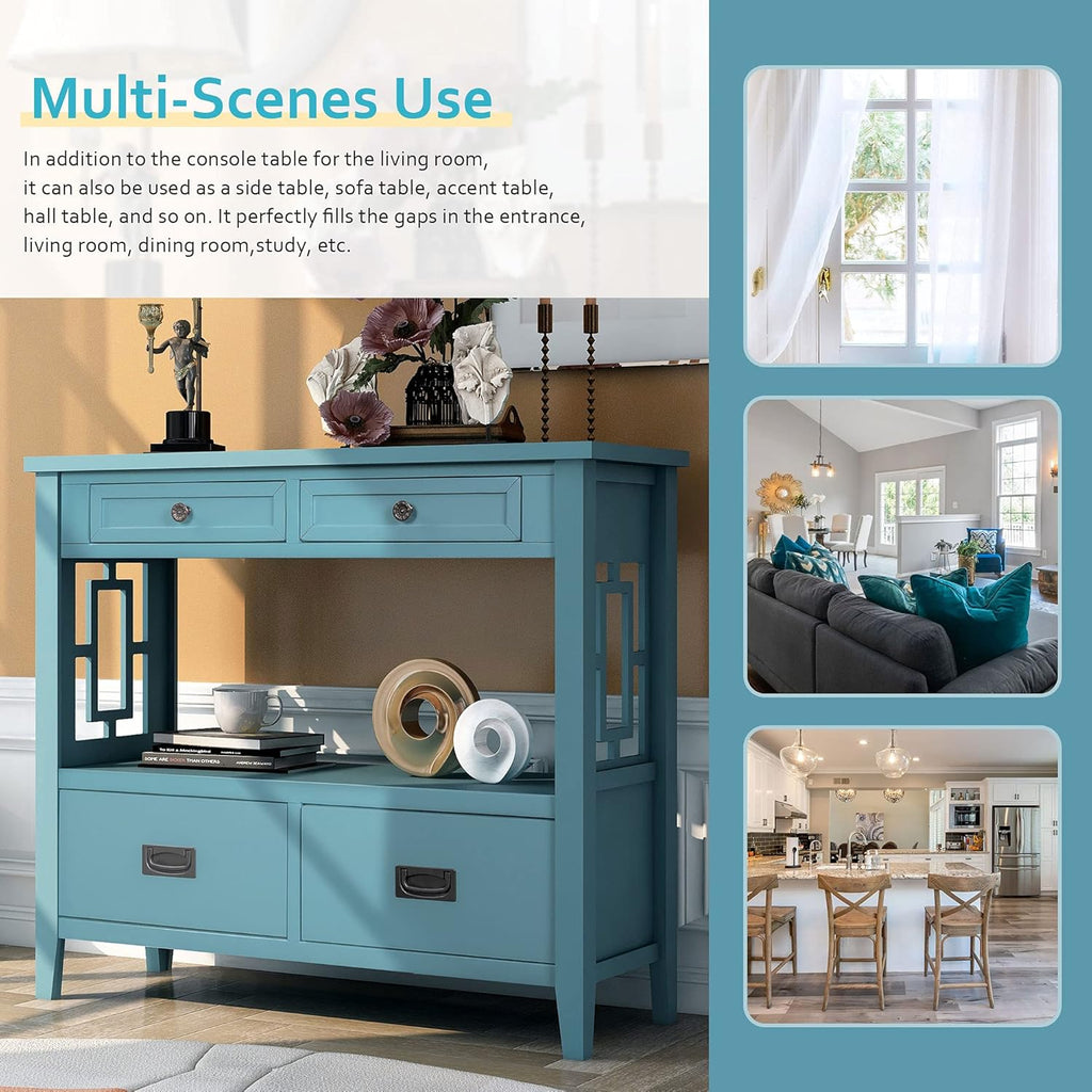 36" Wood Console Table with 4 Drawer,2 Tier Console Table with Bottom Shelf for Entryway Hallyway Sofa Table for Bedroom Living Room