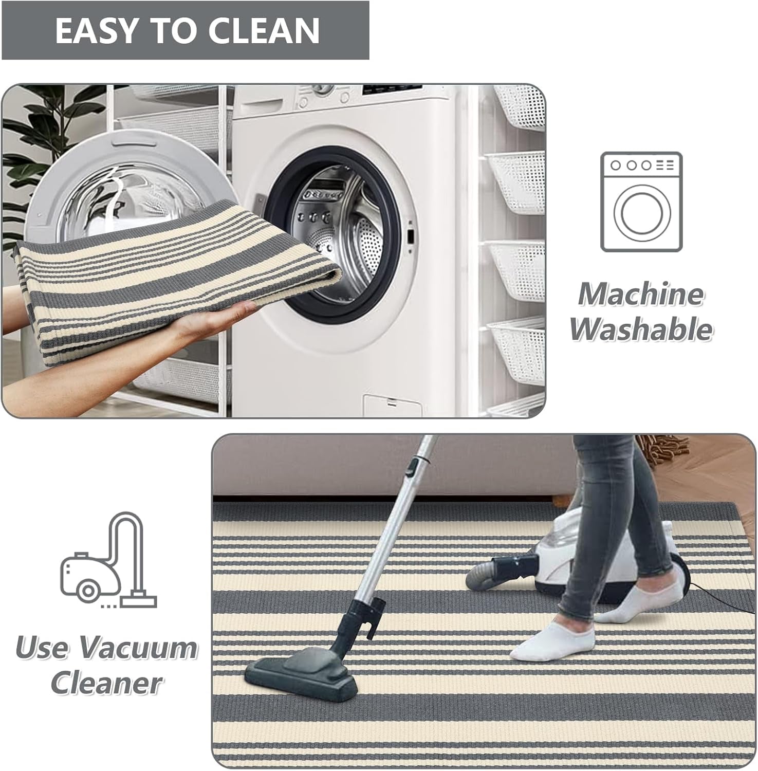 Gray and White Striped Striped Rug 4'X6', Hand-Woven Cotton Outdoor Patio Rug Washable Rug Front Porch Door Mat Entryway Indoor Area Carpet for Kitchen/Bedroom/Living Room