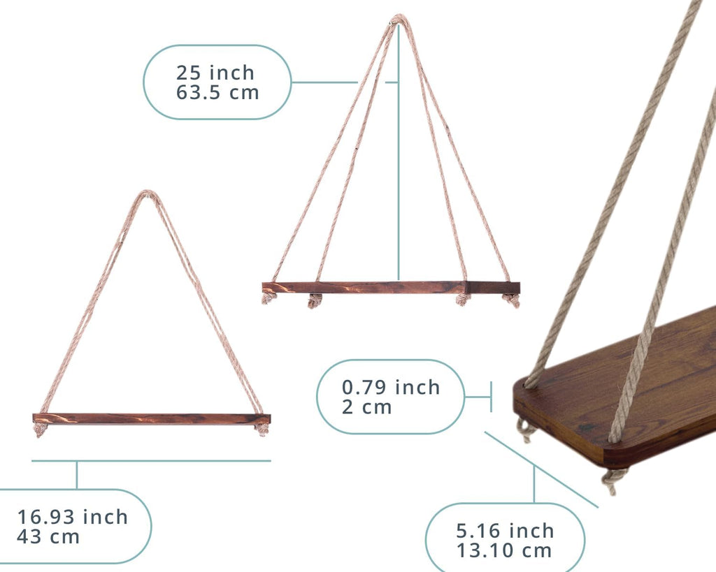 Hanging Shelves for Wall - Set of 2 – Rustic Farmhouse Boho Shelves with String – 17”X5.2” – Thick Distressed, Torched Look Real Wood - Brown Color