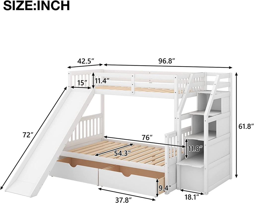 Full over Twin & Twin Bunk Bed with Drawer & Ladder, Triple Bunkbeds Wooden for Kids, Teens, Adults, Gray, White