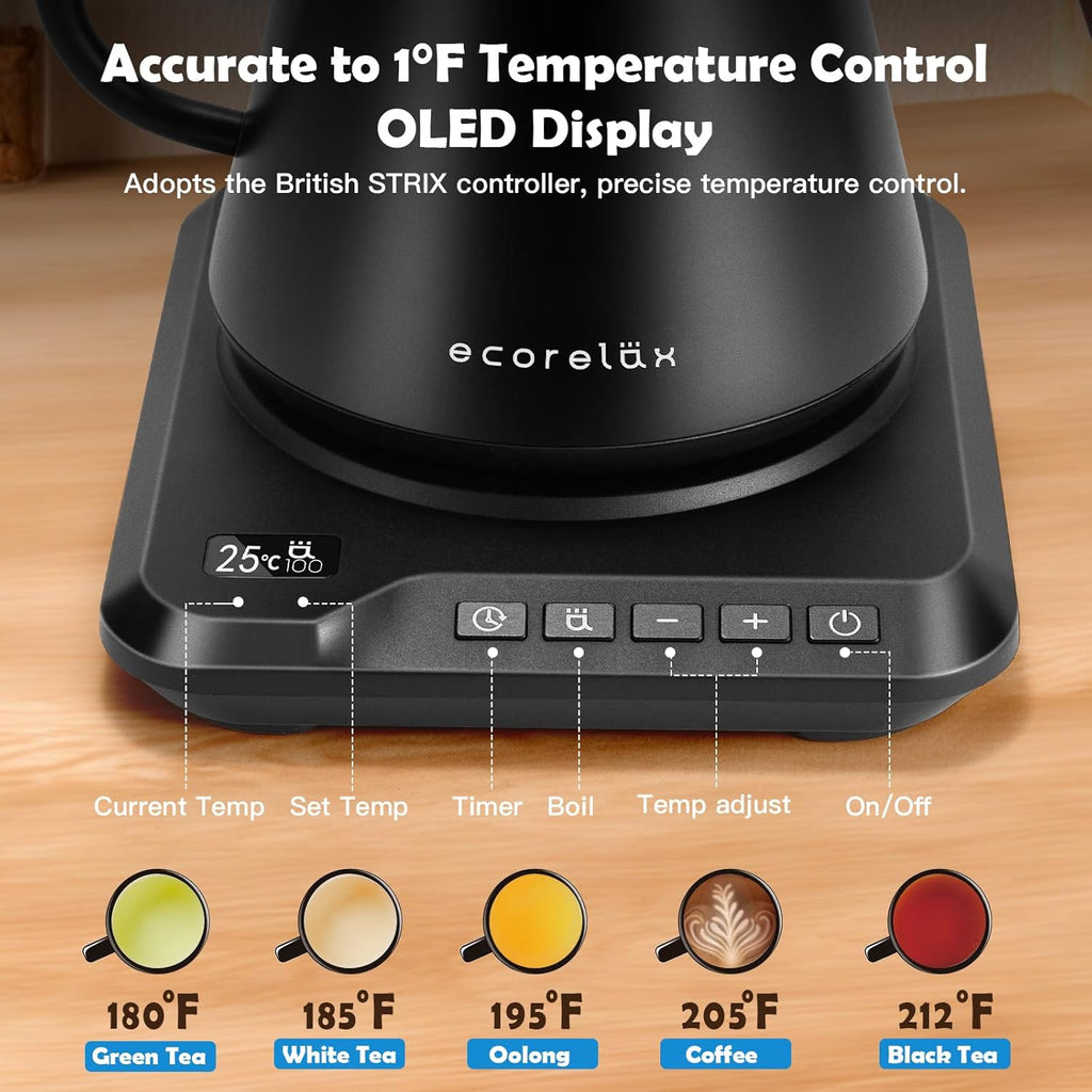 Gooseneck Electric Kettle, ±1℉ Temperature Control Pour over Kettle for Coffee, Tea & Water, Stainless Steel 1200 W Keep Warm OLED Display 1 L (Black)