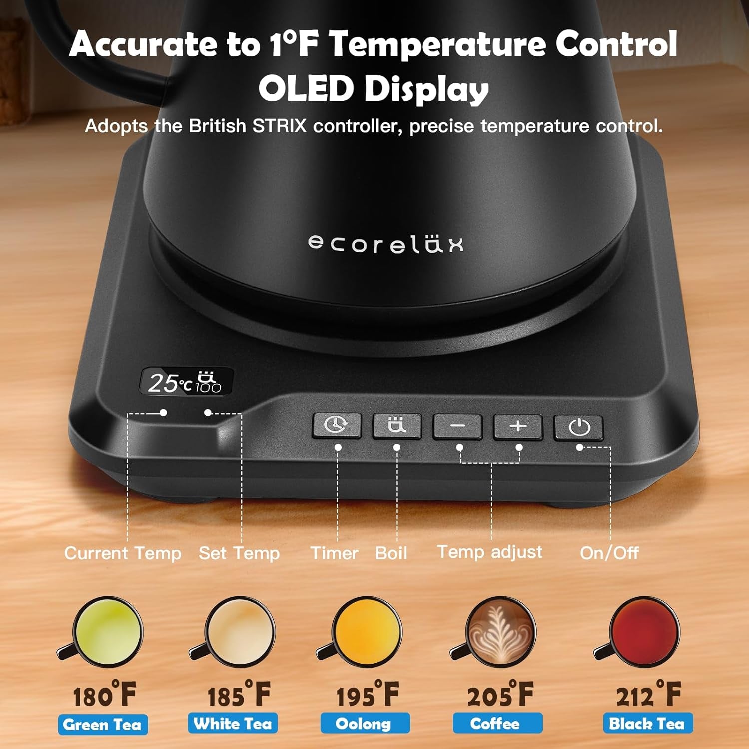 Gooseneck Electric Kettle, ±1℉ Temperature Control Pour over Kettle for Coffee, Tea & Water, Stainless Steel 1200 W Keep Warm OLED Display 1 L (Black)