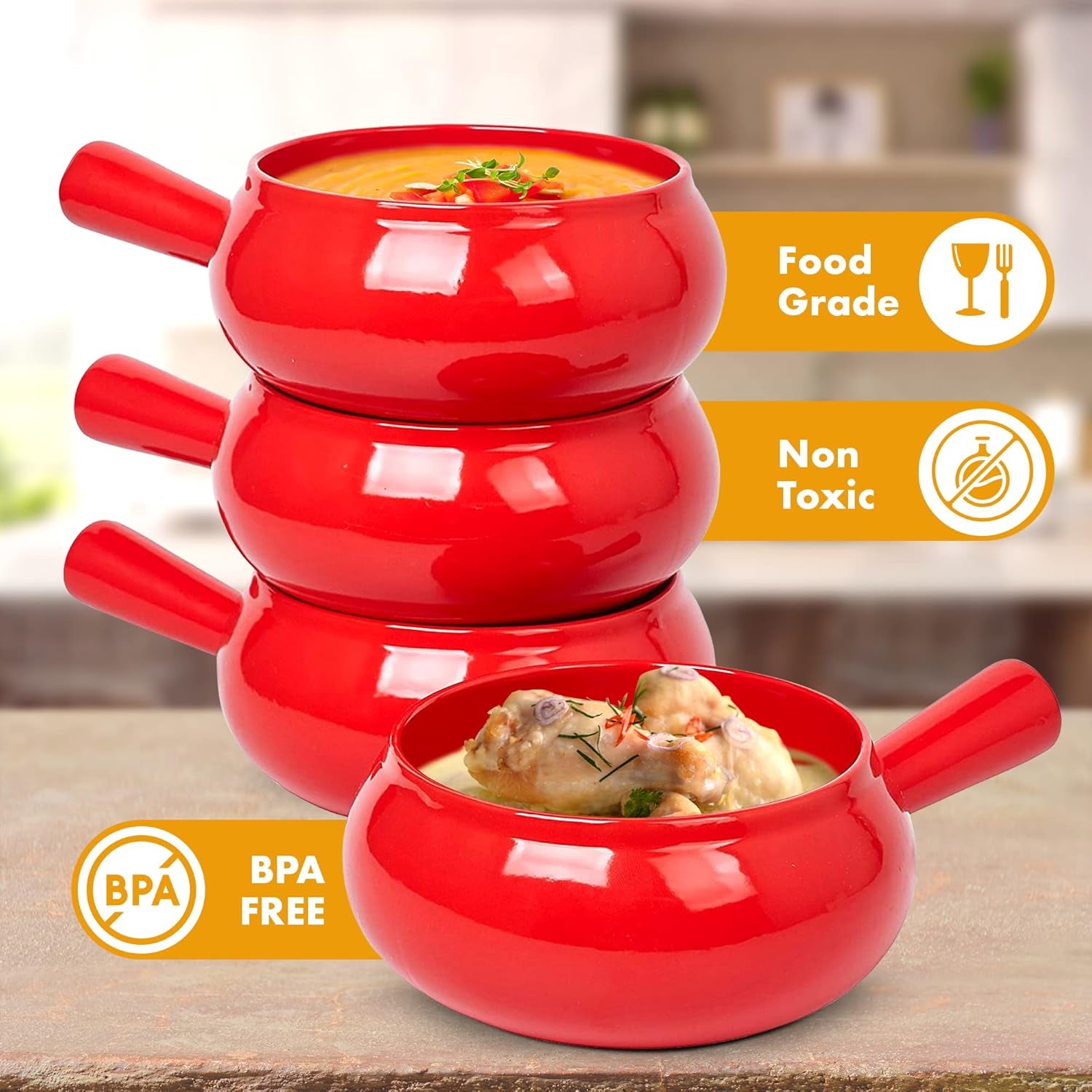 17 Oz round Soup Bowl with Handle Set of 4, 17 Ounce Small French Onion Soup Crocks in Red Color for Kitchen or Dinner Table Decoration