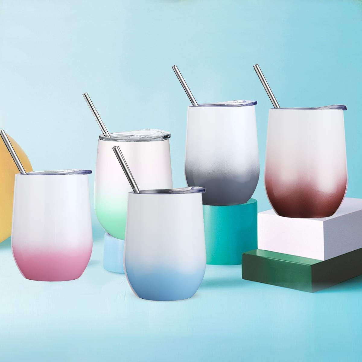 6 Pack 12 Oz Stainless Steel Stemless Wine Glass Tumbler Double Wall Vacuum Insulated Bulk Wine Tumbler with Lids Set of 6,Gift Pack for Coffee, Wine, Cocktails, Ice Cream (6_Mix_Color3)