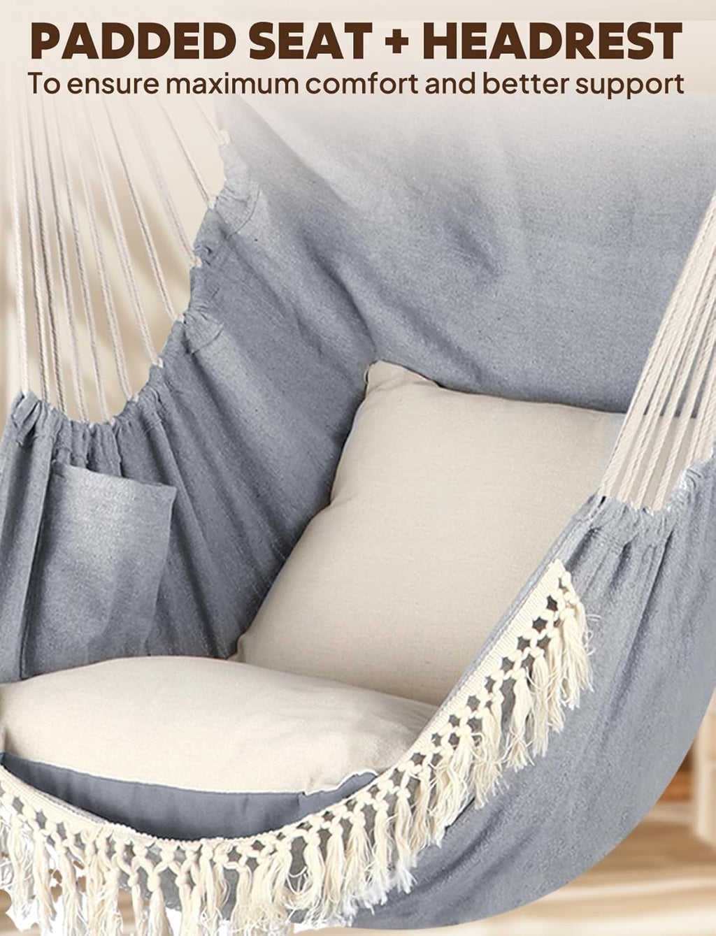 Hammock Chair Hanging Swing Max 500 Lbs 2 Cushions Included Metal Spreader Bar with Anti-Slip Grooves Portable Hanging Chair Side Pocket Large Macrame Bohemian Chair Indoor Outdoor