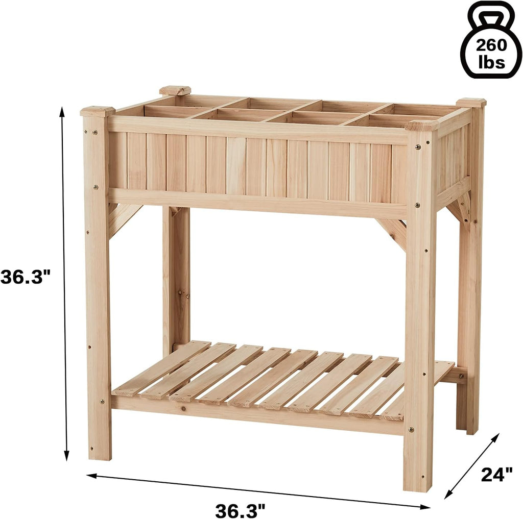 Raised Garden Bed with Legs 36.3X36.3X24 Inch -  Herb Planter with Divider Liner Flower Herb Wood Planter with Storage Shelves for Backyard Patio Extra Gloves 3 Tools 8 Grow Area 20 T-Tag