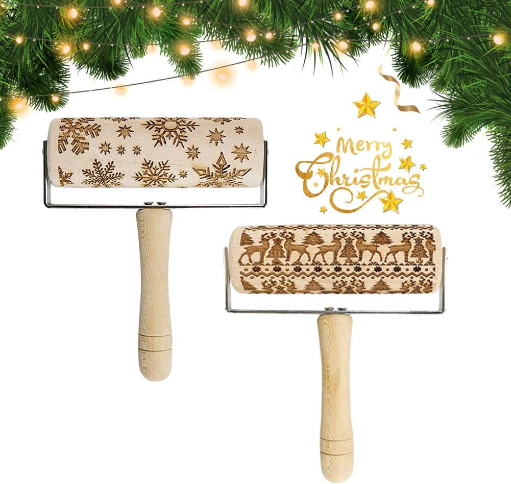Christmas Wooden Hand-Held Rolling Pins for Baking, Non-Stick Professional Dough Roller for Cookies Waffles Pastry Dough Pies (Snowflake+Elk)