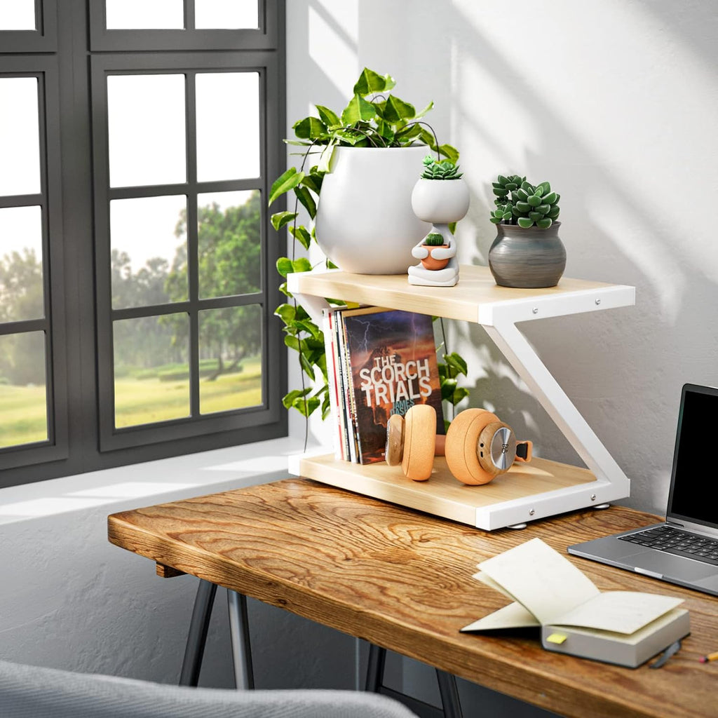 Printer Stand with Storage, Desktop Shelf with Anti-Skid Pads, Printer Table Organizer W/ 2 Tier Tray & Hardware & Steel (Light Wood)