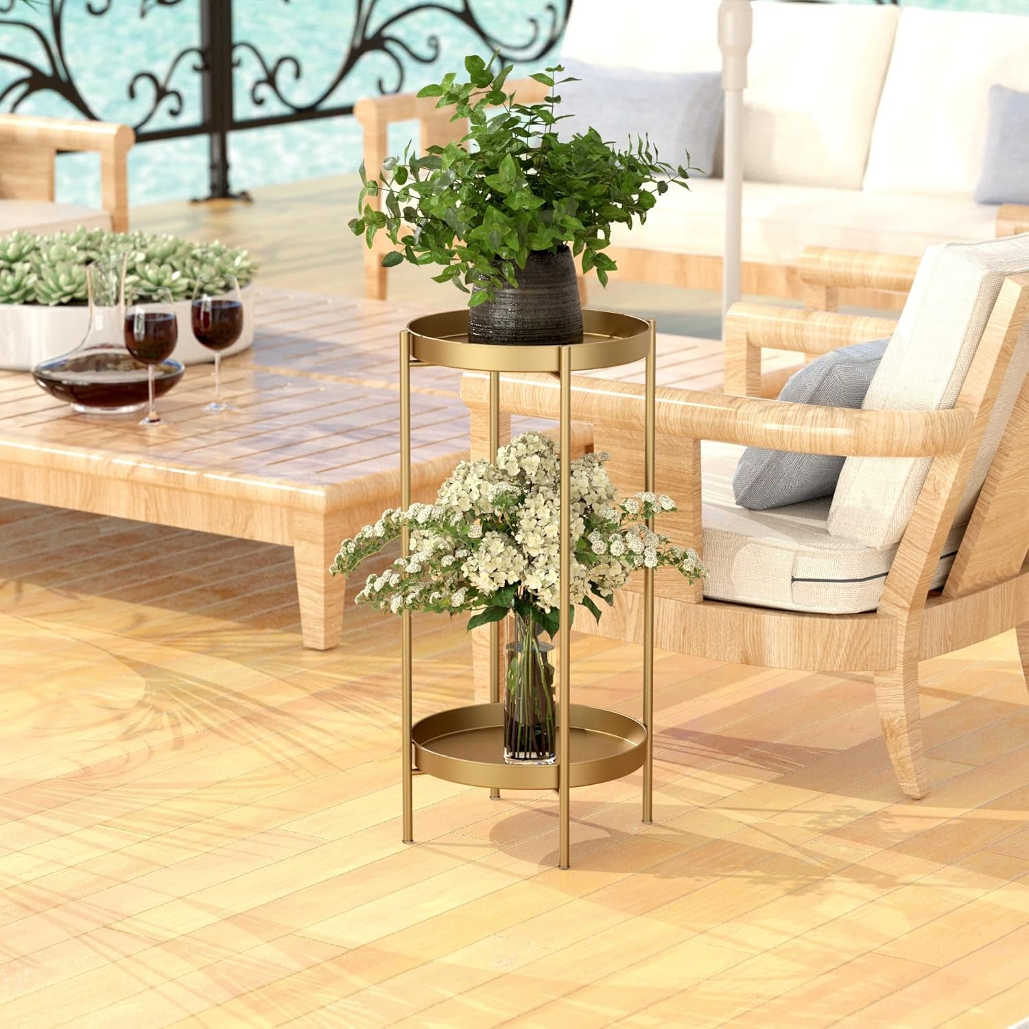 Plant Stand Indoor Outdoor - Flower Pot Holder Metal Plant Rack Organizer, 2 Tiers Tall Plant Display Storage Shelf Table for Home Garden Patio Bathroom Office Living Room Balcony Corner (Gold)