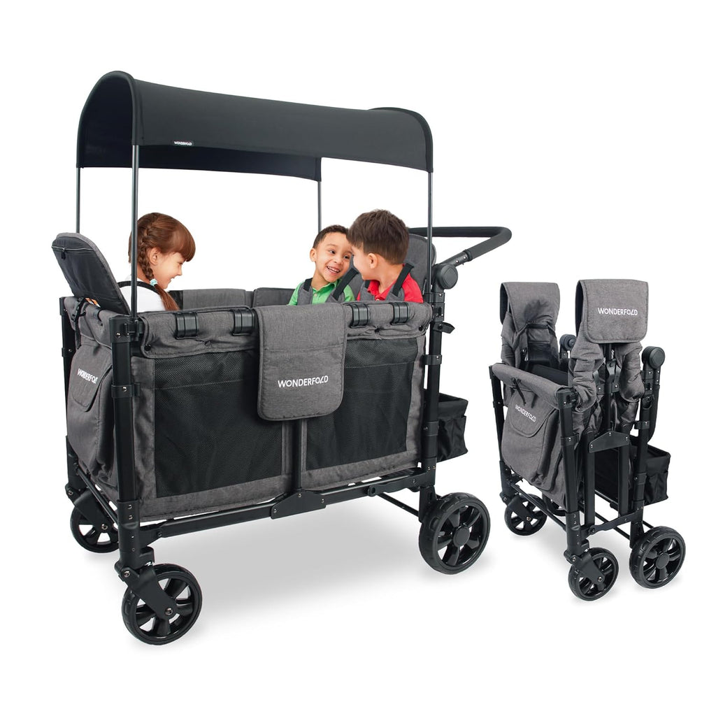 W4 Elite Stroller Wagon (4 Seater) - Collapsible Wagon Stroller with Seats with 5-Point Harnesses, Adjustable Push Handle, and Removable UV Sun Canopy, Charcoal Gray