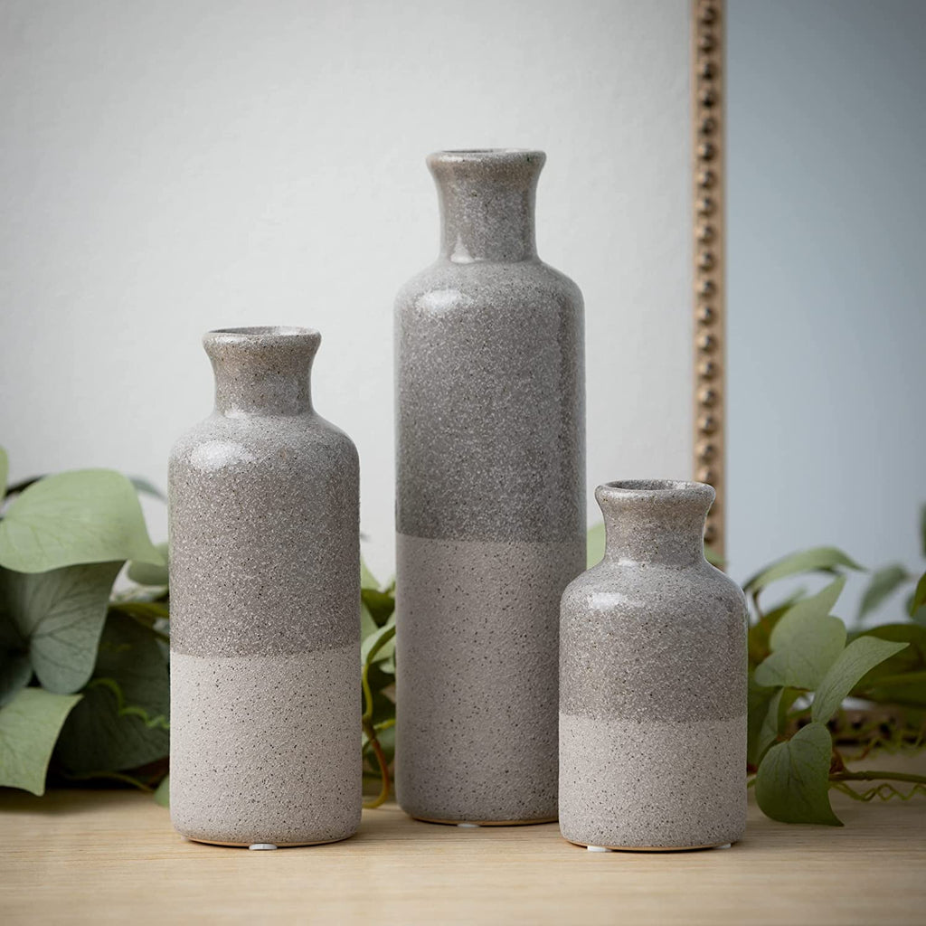 Two-Toned Grey Ceramic Vase Set, Farmhouse Decor, Home Decorative Vases for Your Kitchen, Bedroom, Office, Living Room, Bathroom, & Shelf Centerpiece Table Decorations (CM2859)
