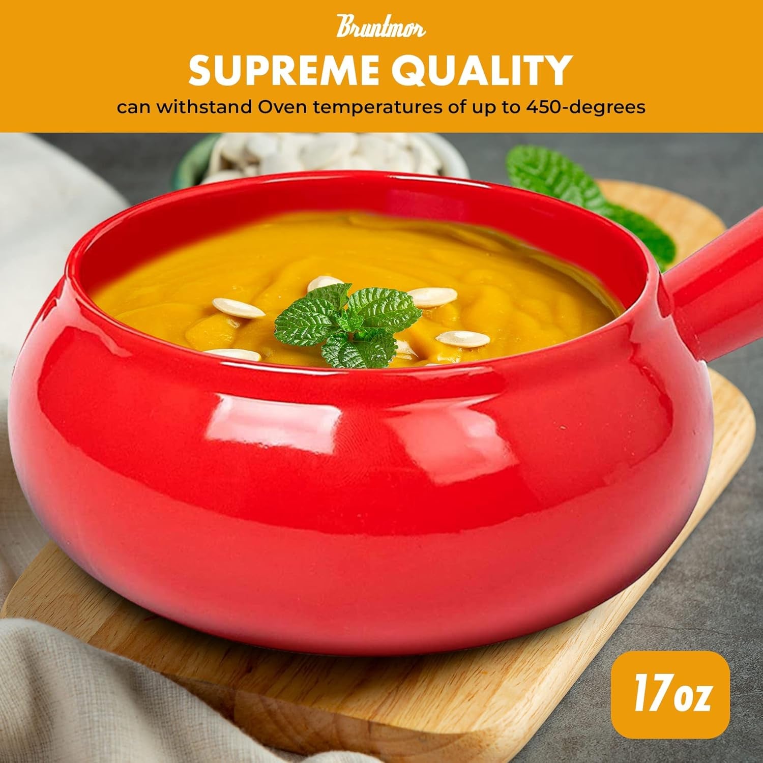 17 Oz round Soup Bowl with Handle Set of 4, 17 Ounce Small French Onion Soup Crocks in Red Color for Kitchen or Dinner Table Decoration