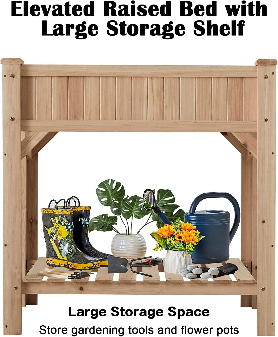 Raised Garden Bed with Legs 36.3X36.3X24 Inch -  Herb Planter with Divider Liner Flower Herb Wood Planter with Storage Shelves for Backyard Patio Extra Gloves 3 Tools 8 Grow Area 20 T-Tag