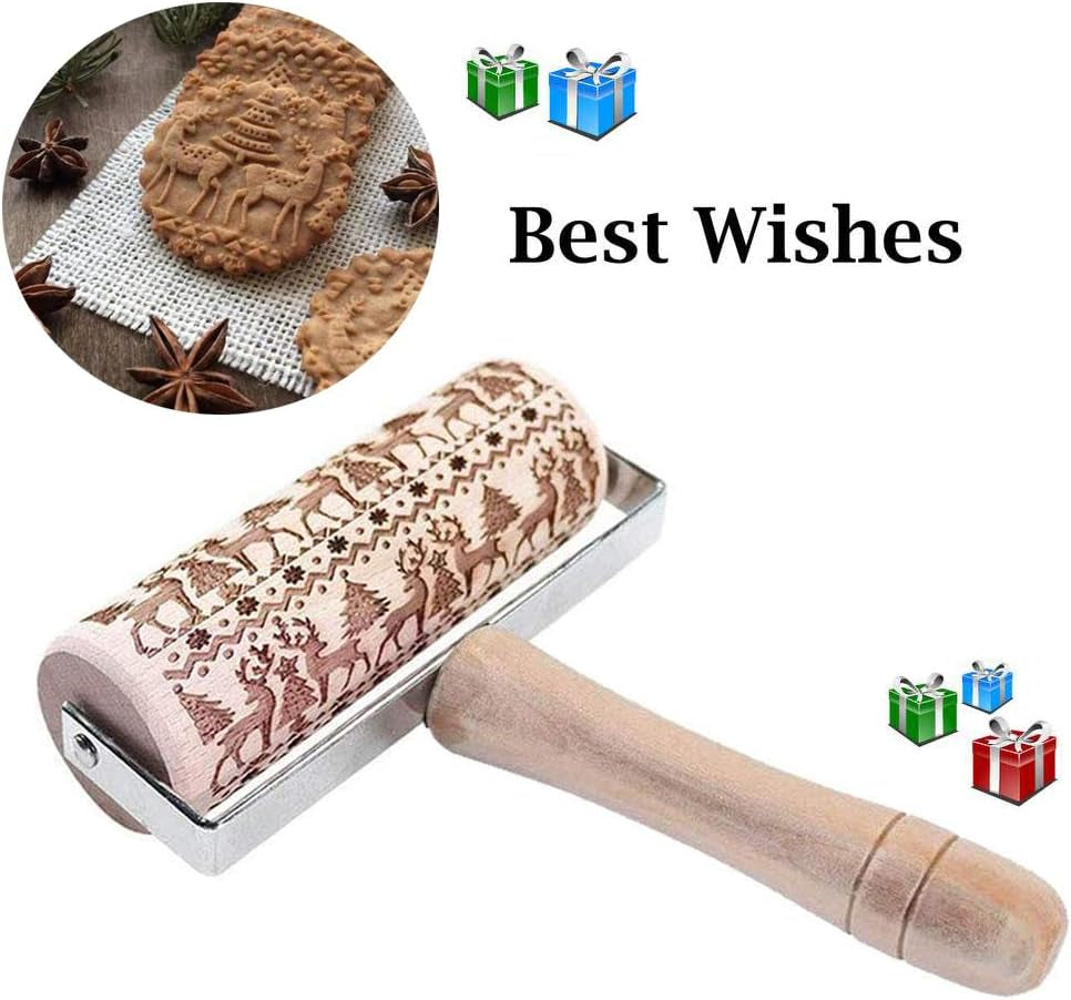 Christmas Wooden Hand-Held Rolling Pins for Baking, Non-Stick Professional Dough Roller for Cookies Waffles Pastry Dough Pies (Snowflake+Elk)