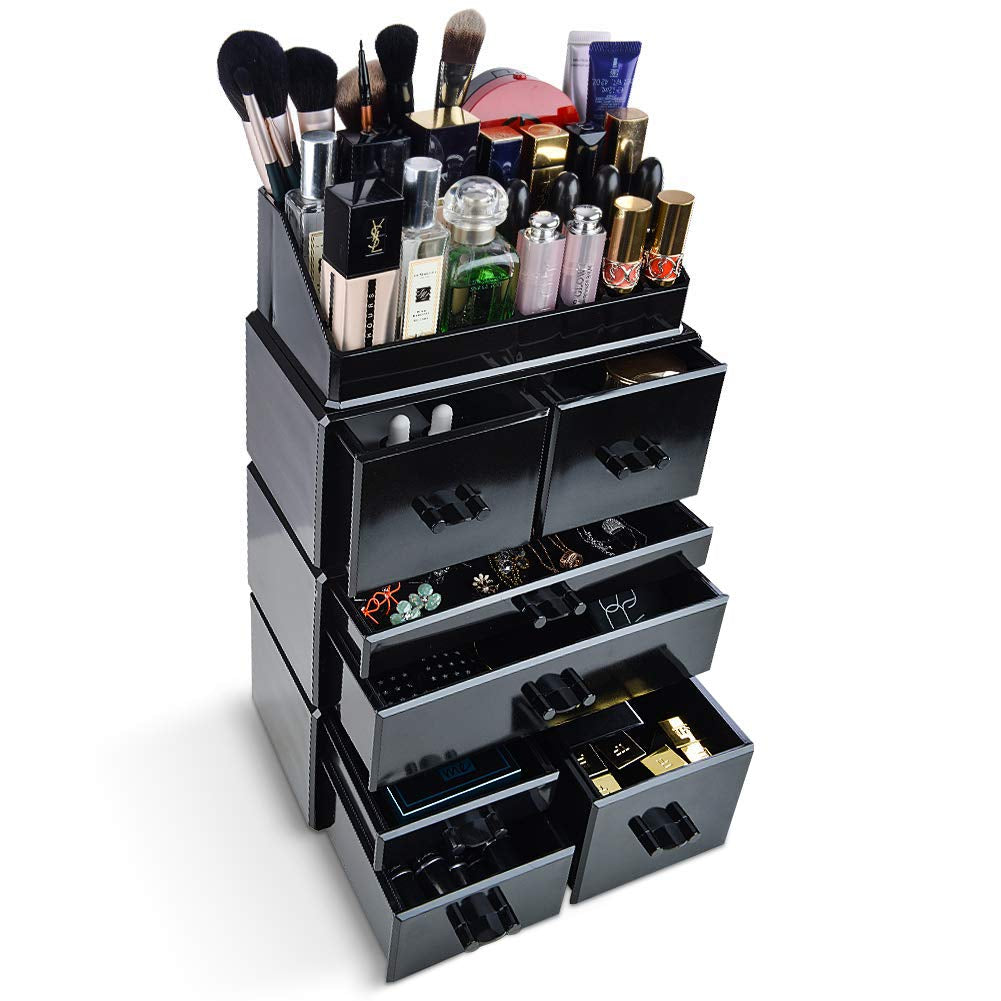 Innsweet Acrylic Cosmetic Organizer Beauty Storage Drawers, Large Makeup Storage Boxes Jewelry Display Cases with 7 Drawers, 4 Piece, Black