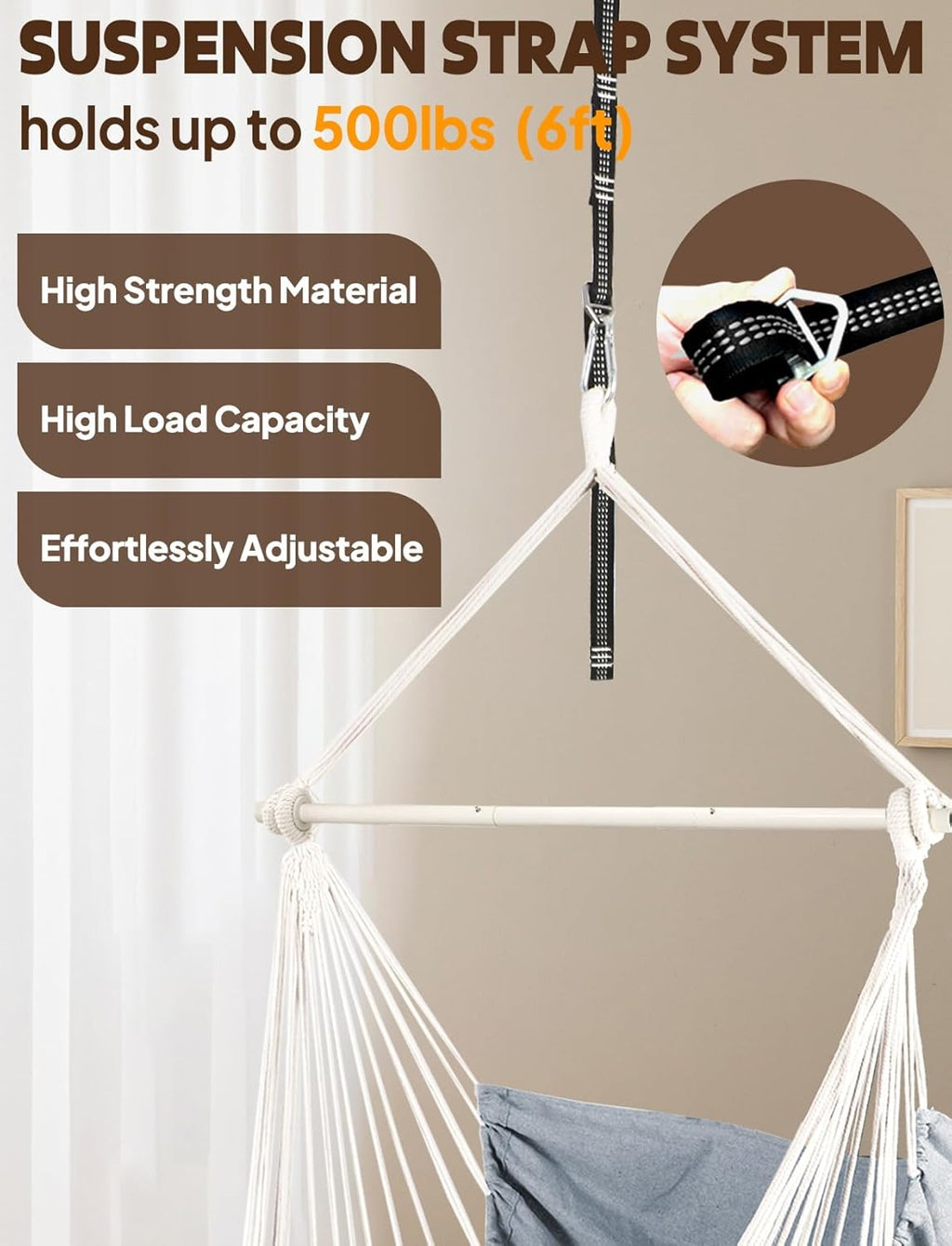 Hammock Chair Hanging Swing Max 500 Lbs 2 Cushions Included Metal Spreader Bar with Anti-Slip Grooves Portable Hanging Chair Side Pocket Large Macrame Bohemian Chair Indoor Outdoor