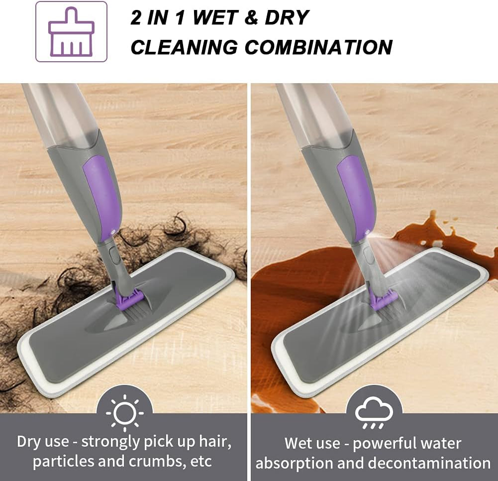 Spray Mops for Floors Cleaning,  Microfiber Flat Floor Mop Wet Dry with 550ML Refillable Bottle 2 Washable Pads Replacement for Wooden Laminate Tile Marble Kitchen