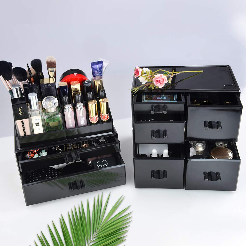 Innsweet Acrylic Cosmetic Organizer Beauty Storage Drawers, Large Makeup Storage Boxes Jewelry Display Cases with 7 Drawers, 4 Piece, Black