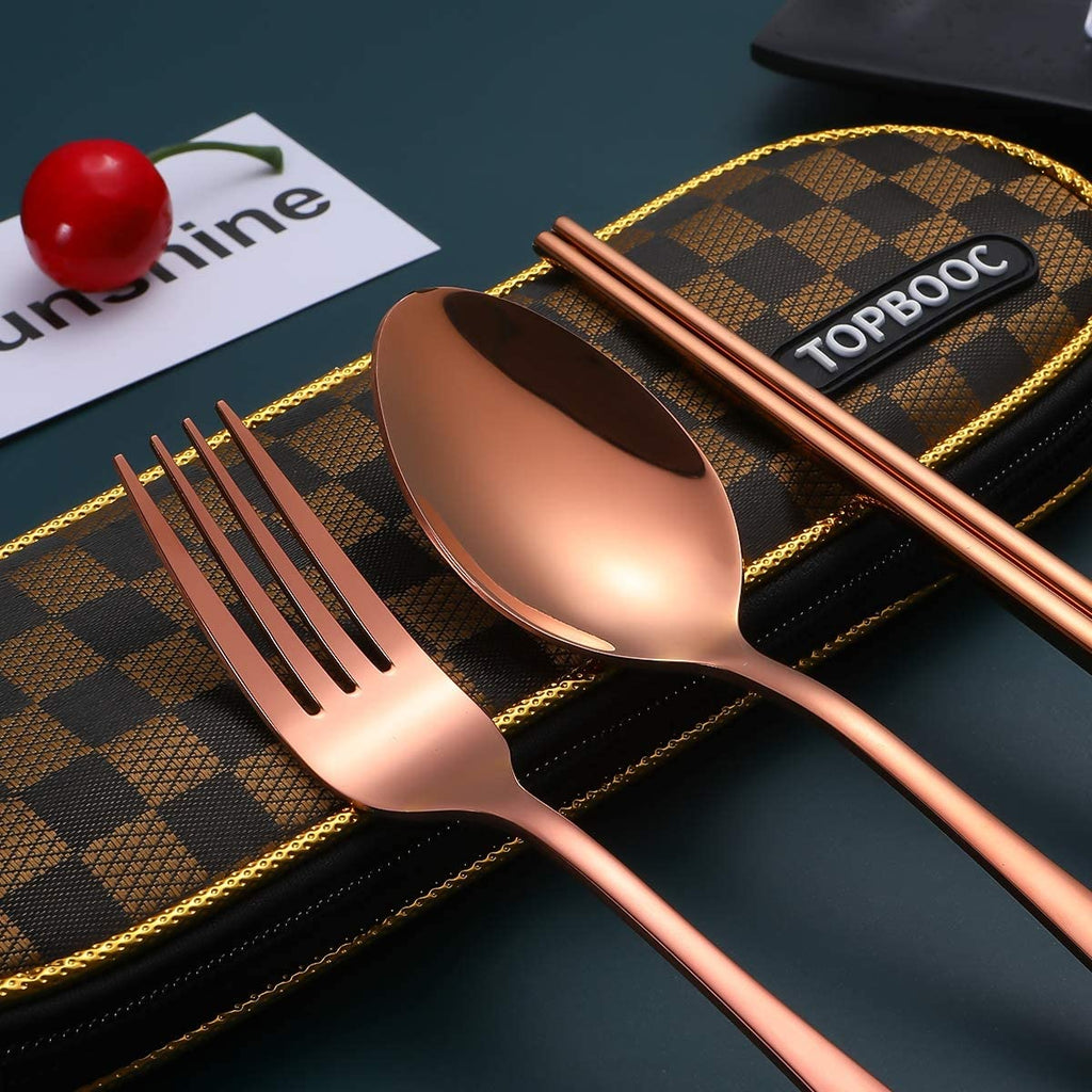 Travel Utensils,Reusable Silverware Set to Go Portable Cutlery Set with a Waterproof Carrying Case for Lunch Boxes Workplace Camping School Picnic (Browngridcase/Rosegold)