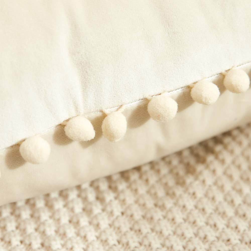 Decorative Throw Pillow Covers with Pom Poms, Pack of 2 Soft Particles Velvet Pillow Cases Square Cushion Covers for Couch Bedroom Car Sofa Outdoors 18X18 Cream White