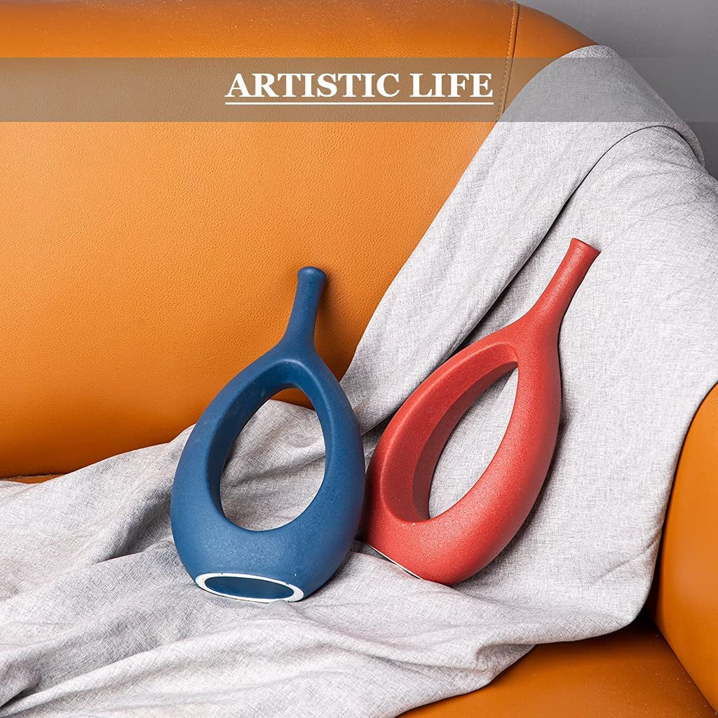 Ceramic Oval Geometric Vase, White, 11"