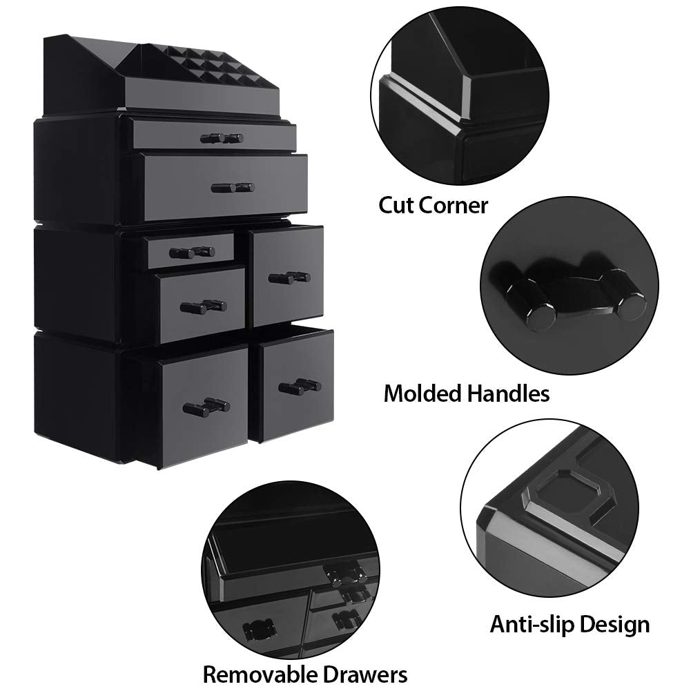 Innsweet Acrylic Cosmetic Organizer Beauty Storage Drawers, Large Makeup Storage Boxes Jewelry Display Cases with 7 Drawers, 4 Piece, Black