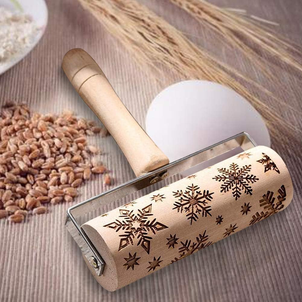 Christmas Wooden Hand-Held Rolling Pins for Baking, Non-Stick Professional Dough Roller for Cookies Waffles Pastry Dough Pies (Snowflake+Elk)