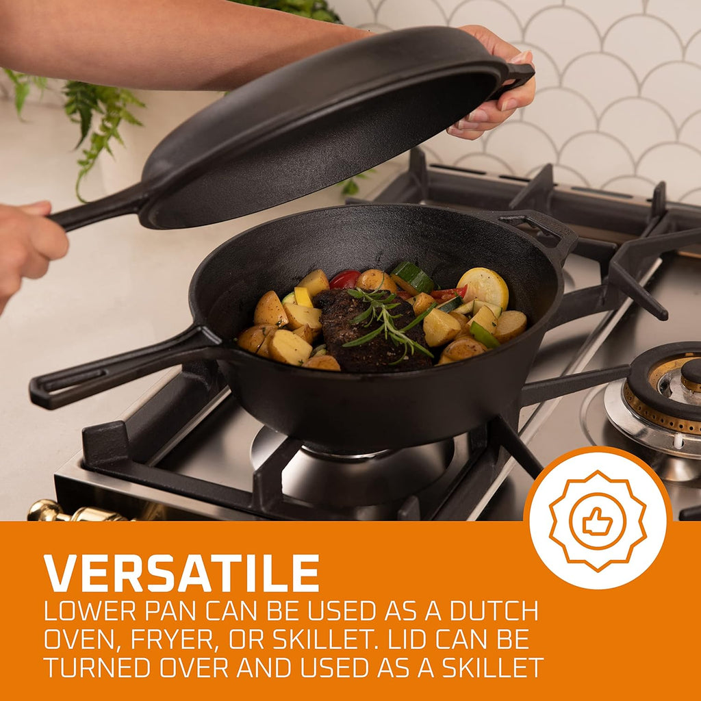 Cast Iron Skillet - 3 Quart Pre-Seasoned Cast Iron Dutch Oven - Deep Pot with Handle and Frying Pan Bundle - Kitchen Cookware for Indoor or Outdoor Camping