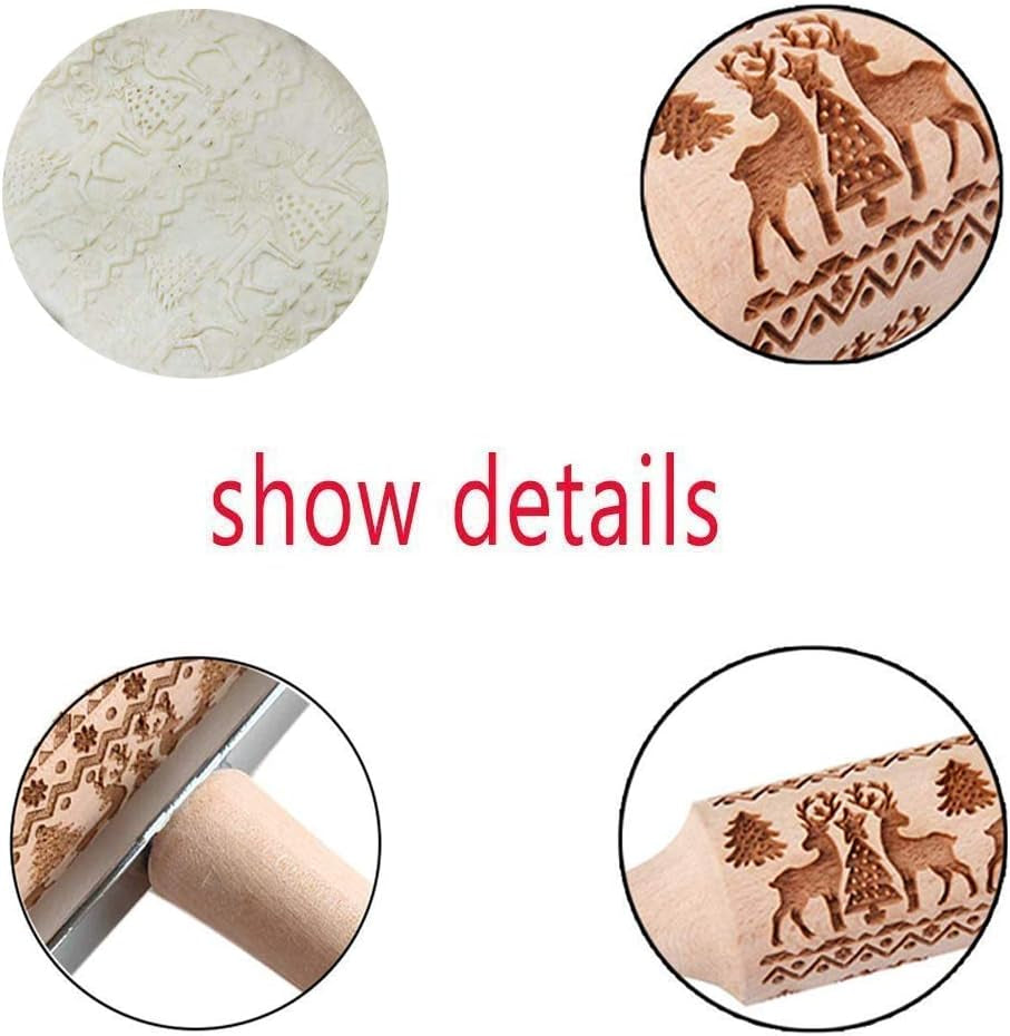 Christmas Wooden Hand-Held Rolling Pins for Baking, Non-Stick Professional Dough Roller for Cookies Waffles Pastry Dough Pies (Snowflake+Elk)