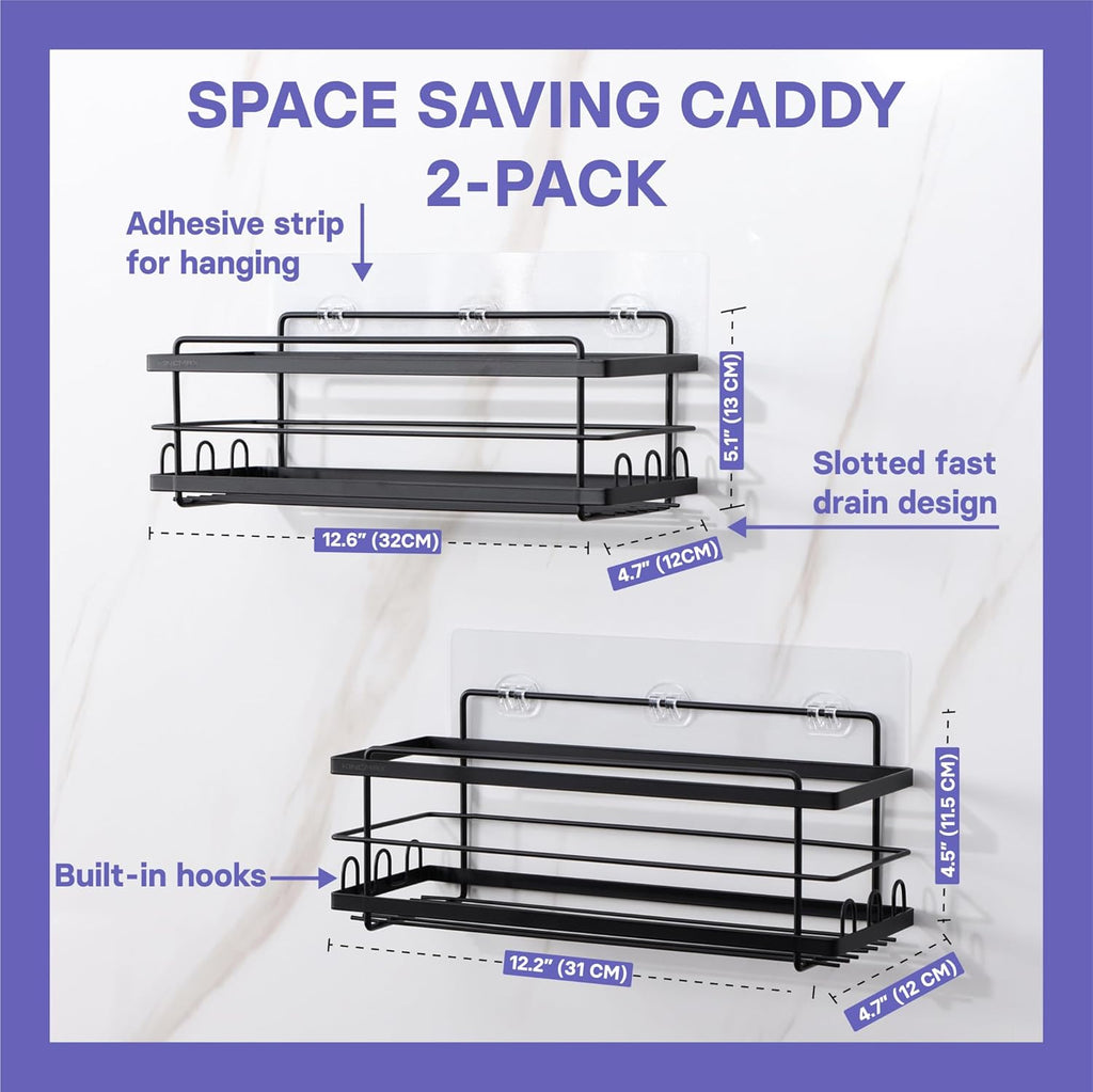 Iron Shower Caddies - Self Adhesive Bathroom Shelves for Showers - Wall Organizer Shampoo Holder Shelf - Peel and Stick on Caddy Bath Tub Rack - Pack of 2 Holders - Black