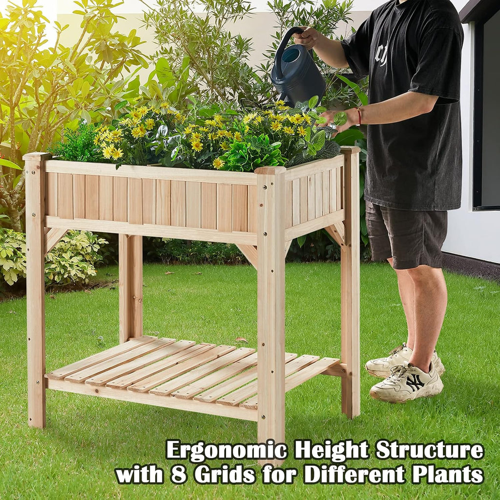 Raised Garden Bed with Legs 36.3X36.3X24 Inch -  Herb Planter with Divider Liner Flower Herb Wood Planter with Storage Shelves for Backyard Patio Extra Gloves 3 Tools 8 Grow Area 20 T-Tag