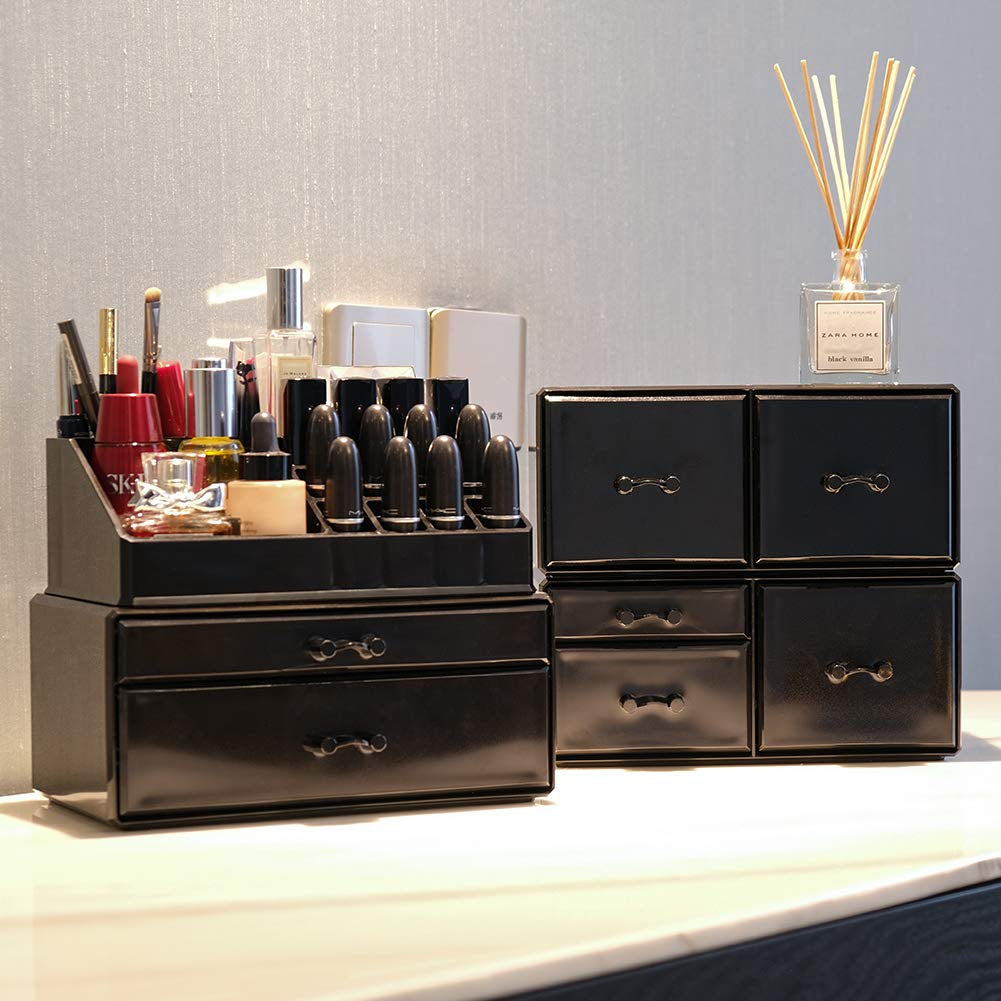 Innsweet Acrylic Cosmetic Organizer Beauty Storage Drawers, Large Makeup Storage Boxes Jewelry Display Cases with 7 Drawers, 4 Piece, Black