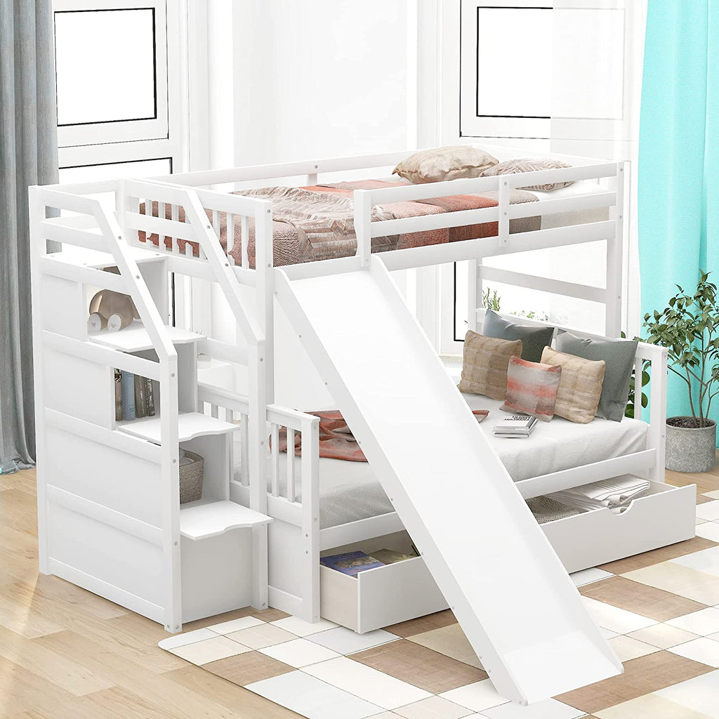 Full over Twin & Twin Bunk Bed with Drawer & Ladder, Triple Bunkbeds Wooden for Kids, Teens, Adults, Gray, White
