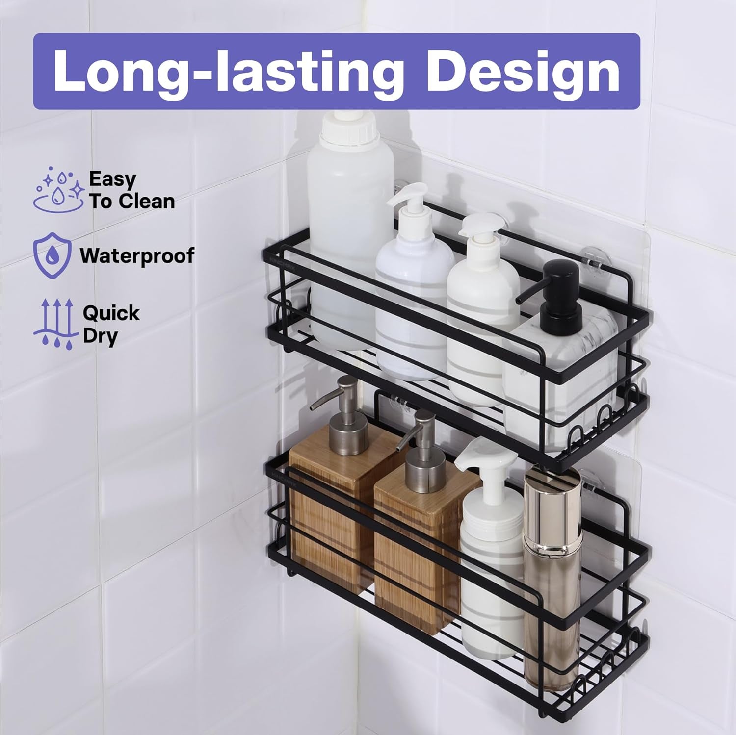 Iron Shower Caddies - Self Adhesive Bathroom Shelves for Showers - Wall Organizer Shampoo Holder Shelf - Peel and Stick on Caddy Bath Tub Rack - Pack of 2 Holders - Black