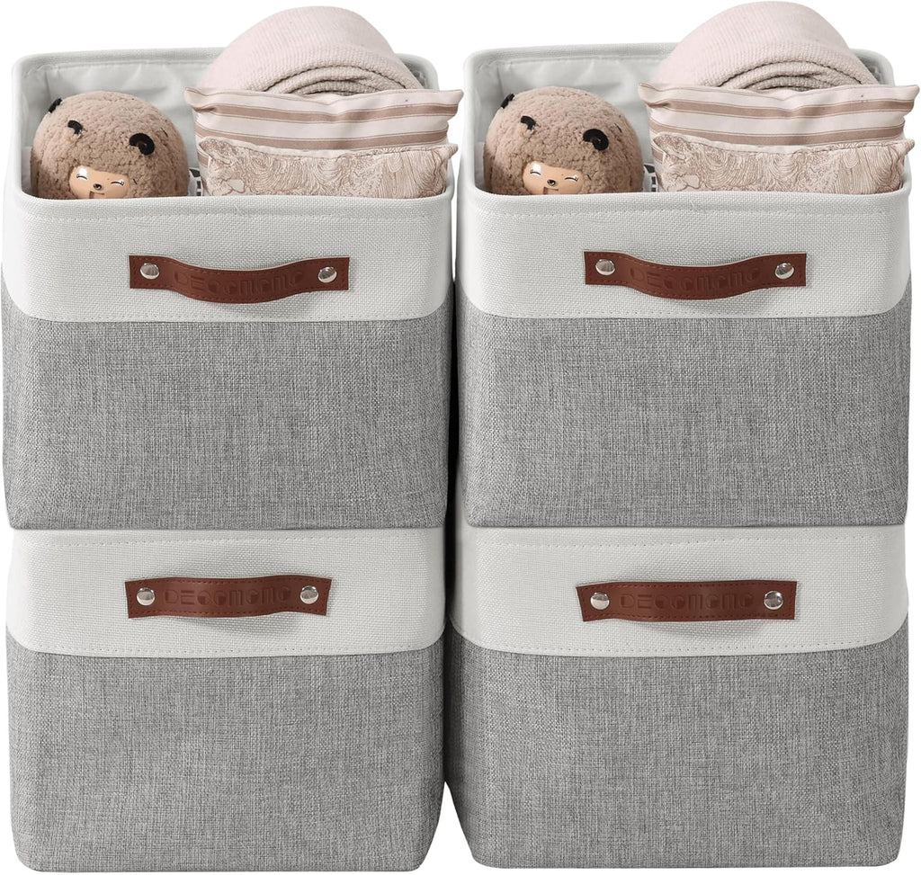 Storage Baskets for Shelves - Fabric Storage Bins, Linen Closet Organizers and Storage (Grey & White, Large - 4 Pack)