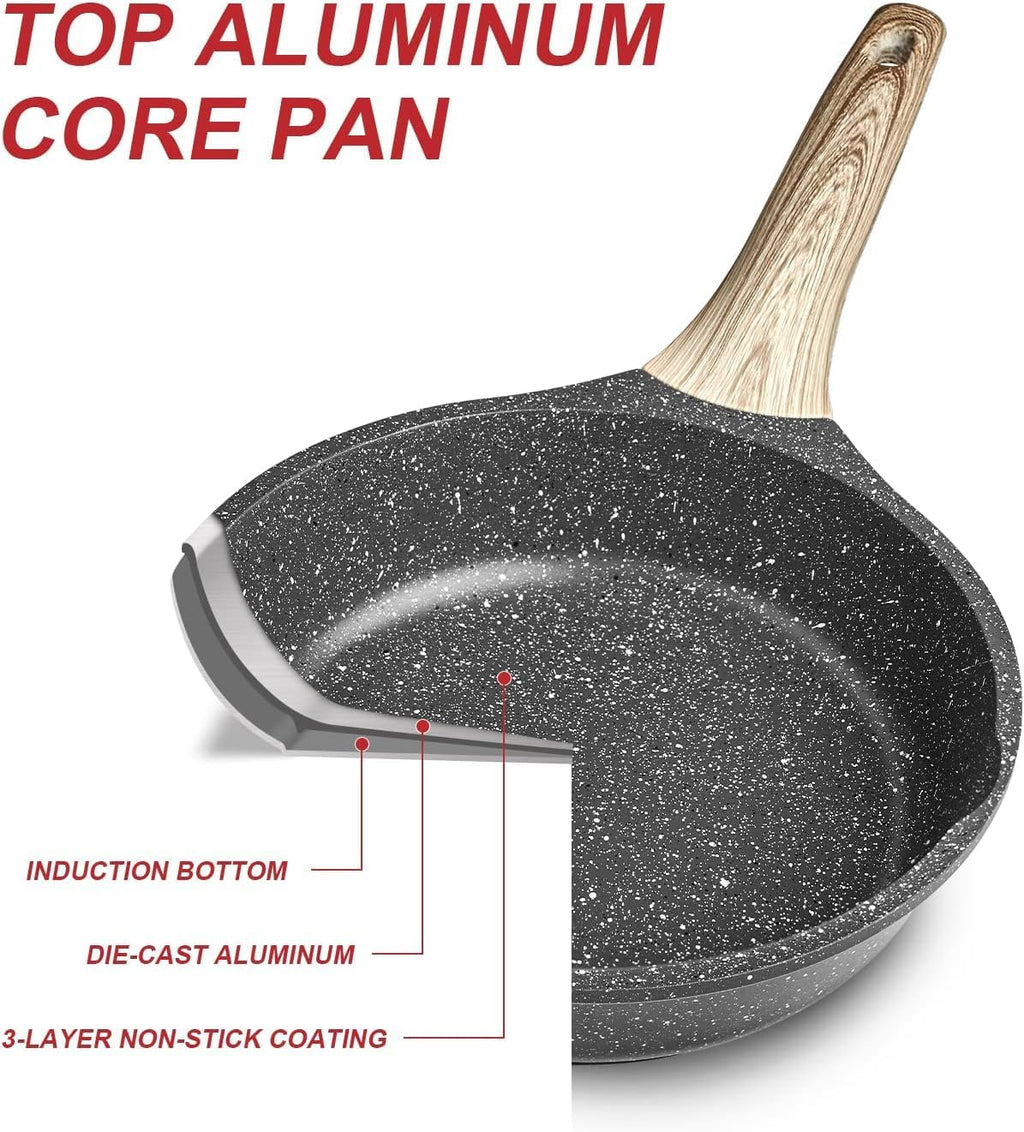 Nonstick Granite Frying Pan Skillet, Non Stick Omelette Fry Pans, Omelet Egg Pan, Stone Cookware Chef'S Pan, Induction Compatible, PFOA Free (Gray, 9.5 Inch with Lid)